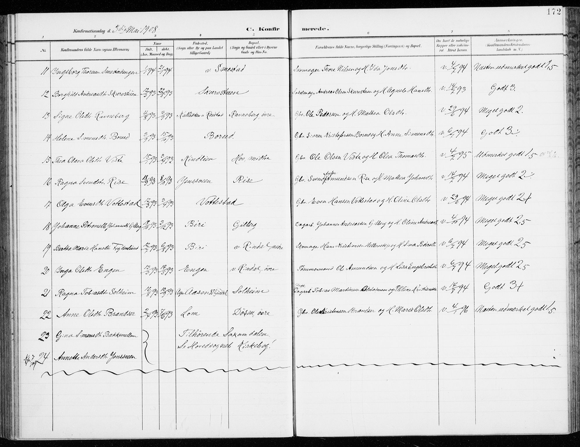 Fåberg prestekontor, AV/SAH-PREST-086/H/Ha/Haa/L0011: Ministerialbok nr. 11, 1899-1913, s. 172