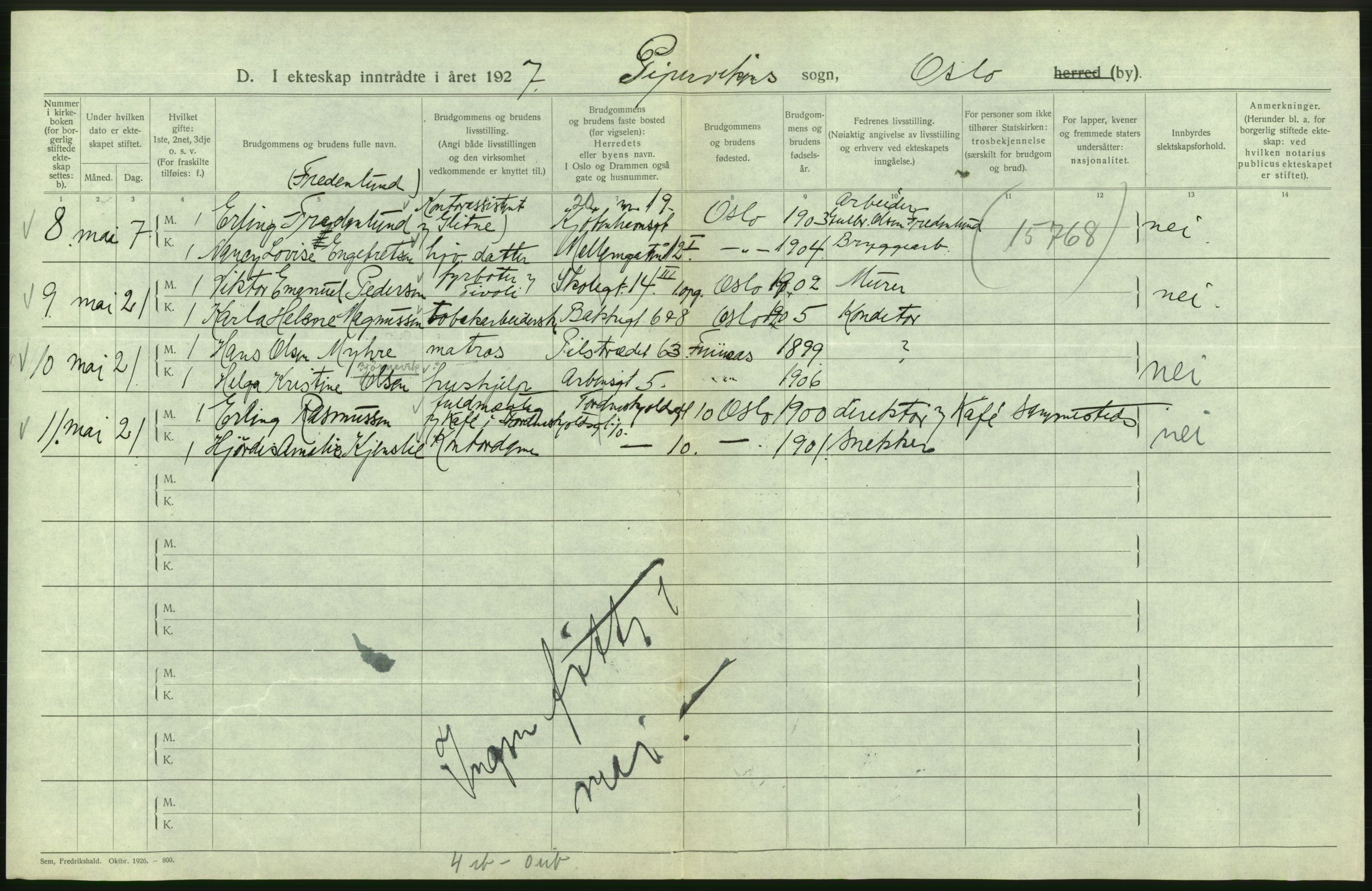 Statistisk sentralbyrå, Sosiodemografiske emner, Befolkning, AV/RA-S-2228/D/Df/Dfc/Dfcg/L0008: Oslo: Gifte, 1927, s. 726
