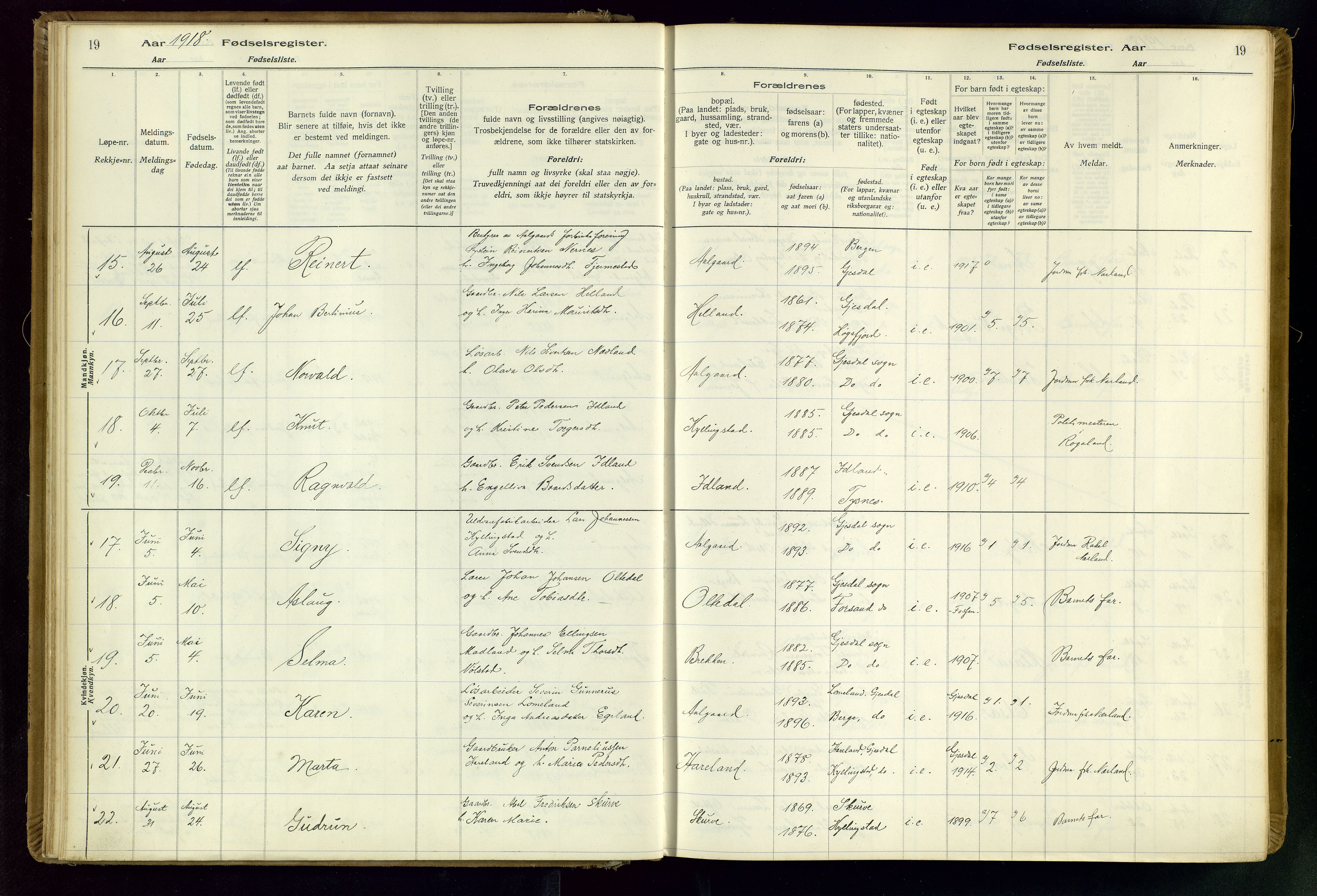 Gjesdal sokneprestkontor, SAST/A-101796/002/O/L0001: Fødselsregister nr. 1, 1916-1949, s. 19