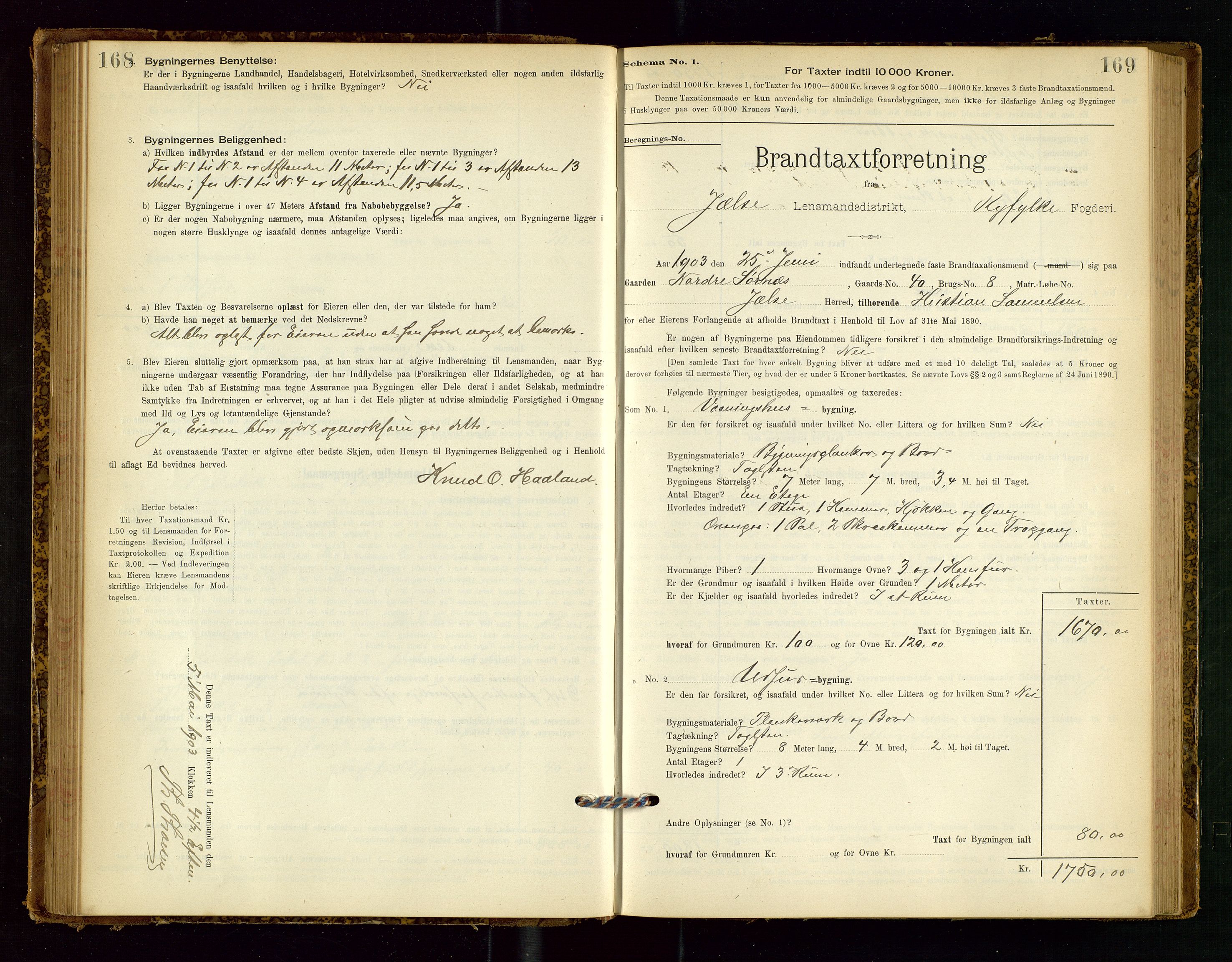 Jelsa lensmannskontor, AV/SAST-A-100360/Gob/L0001: "Brandtaxationsprotocol", 1895-1918, s. 168-169