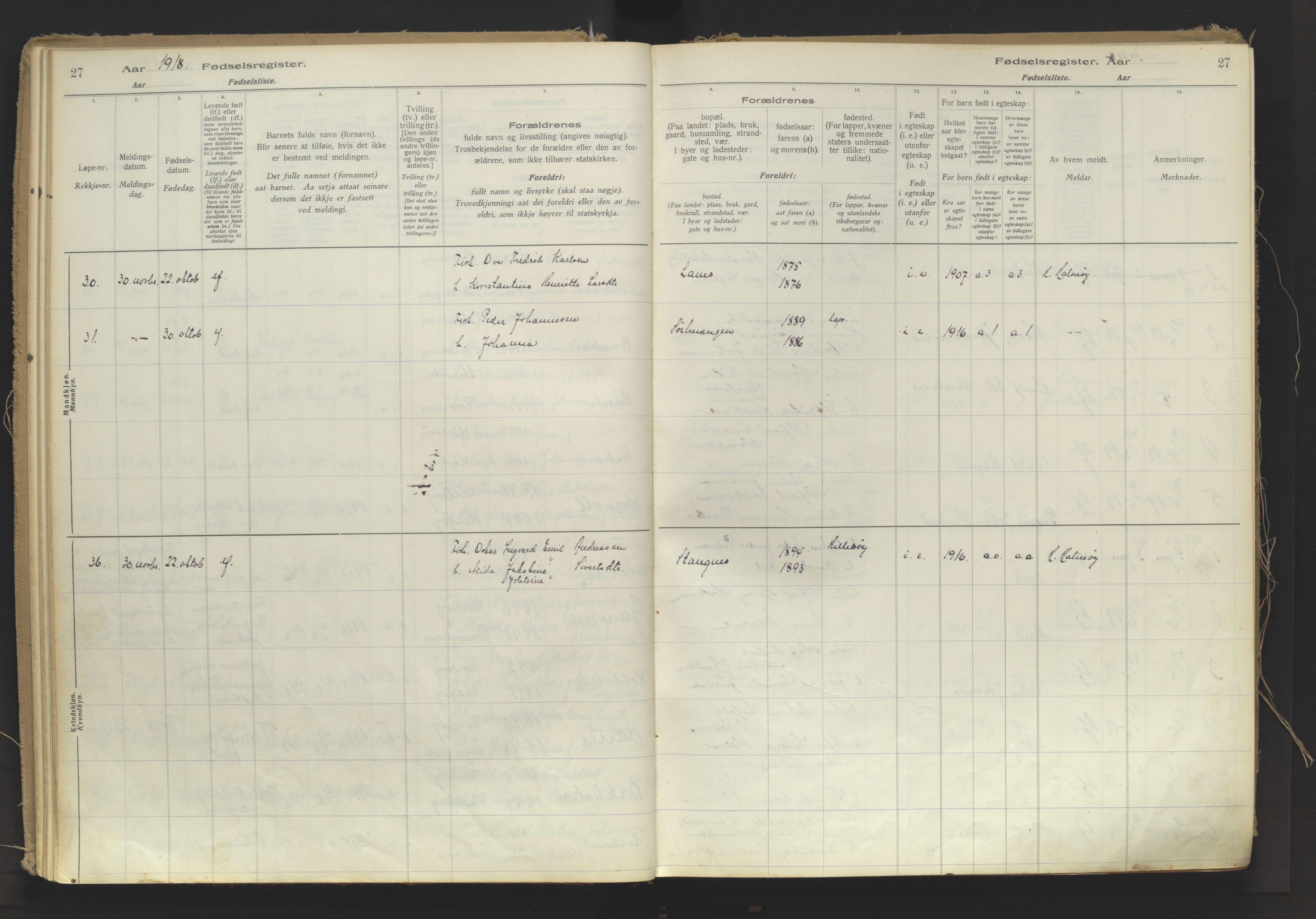 Karlsøy sokneprestembete, AV/SATØ-S-1299/I/Ic/L0064: Fødselsregister nr. 64, 1916-1943, s. 27