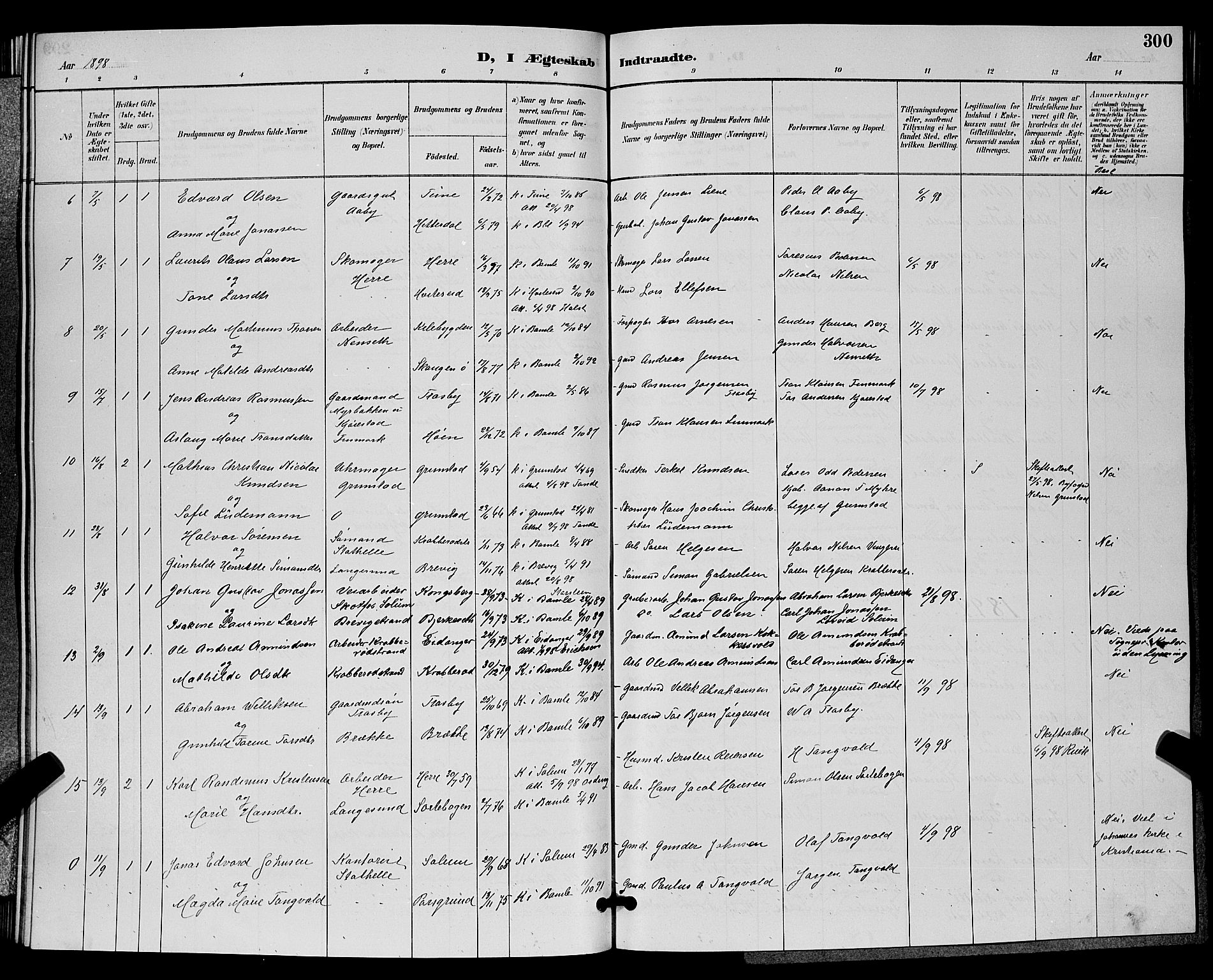 Bamble kirkebøker, AV/SAKO-A-253/G/Ga/L0009: Klokkerbok nr. I 9, 1888-1900, s. 300