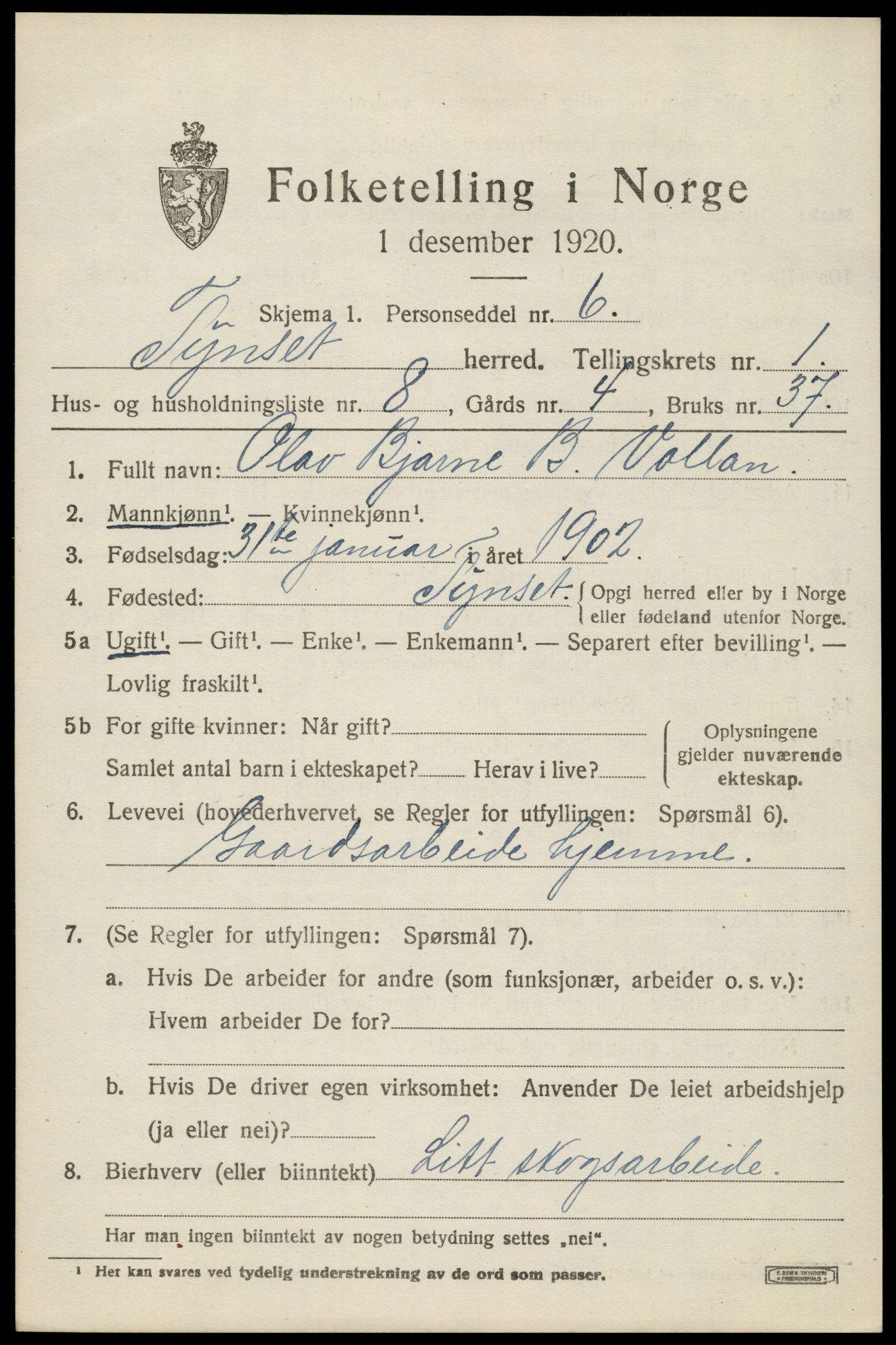 SAH, Folketelling 1920 for 0437 Tynset herred, 1920, s. 1614
