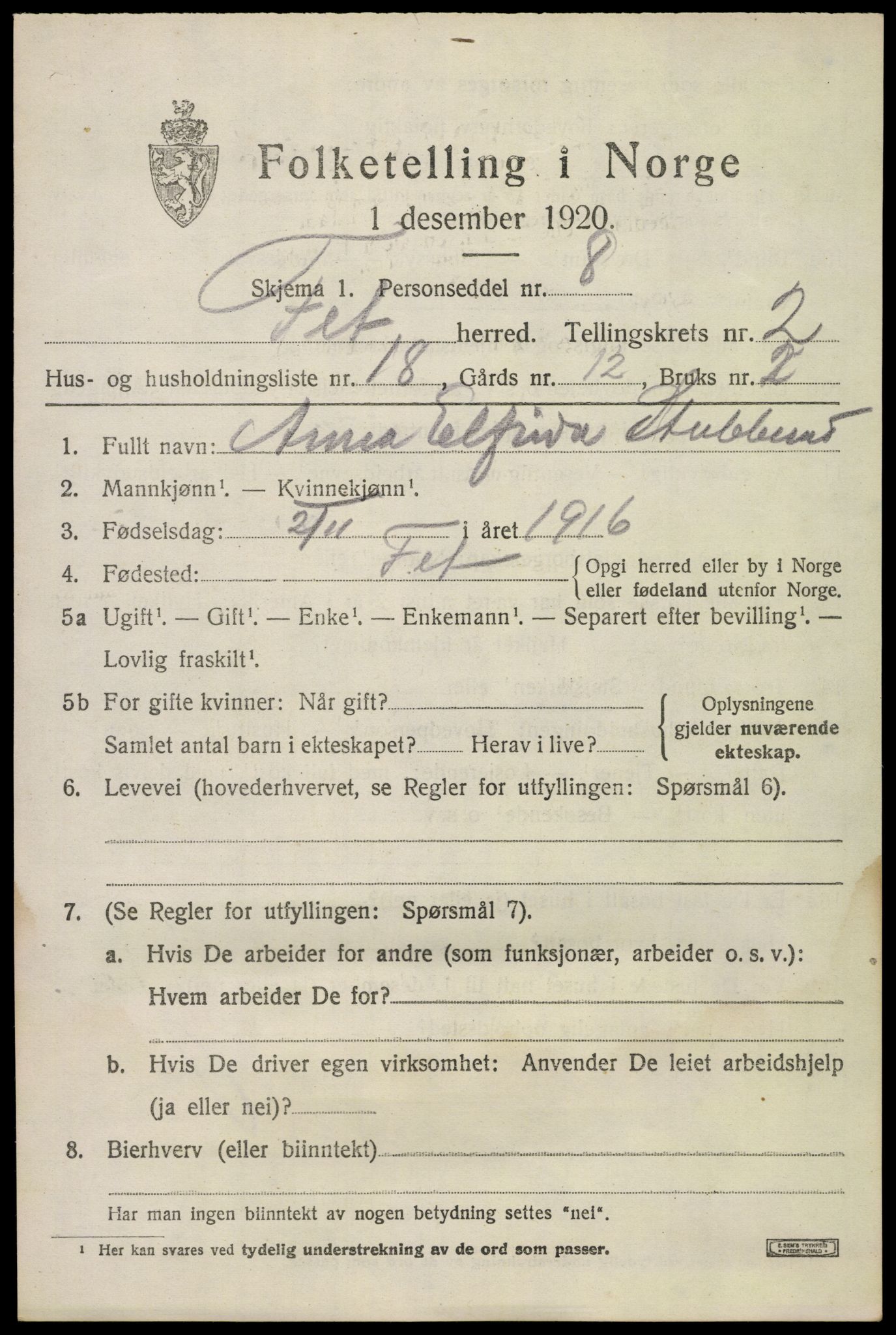 SAO, Folketelling 1920 for 0227 Fet herred, 1920, s. 2926