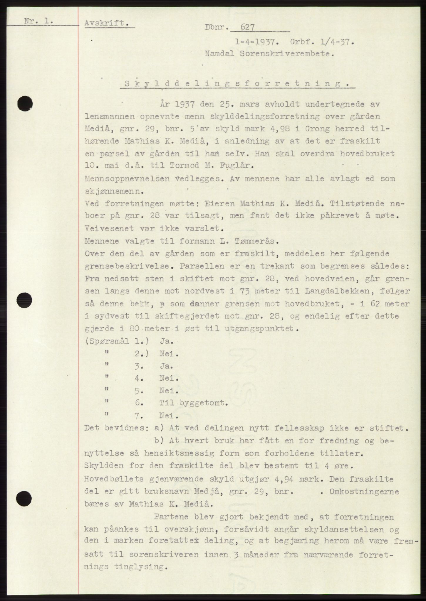 Namdal sorenskriveri, SAT/A-4133/1/2/2C: Pantebok nr. -, 1937-1939, Tingl.dato: 01.04.1937