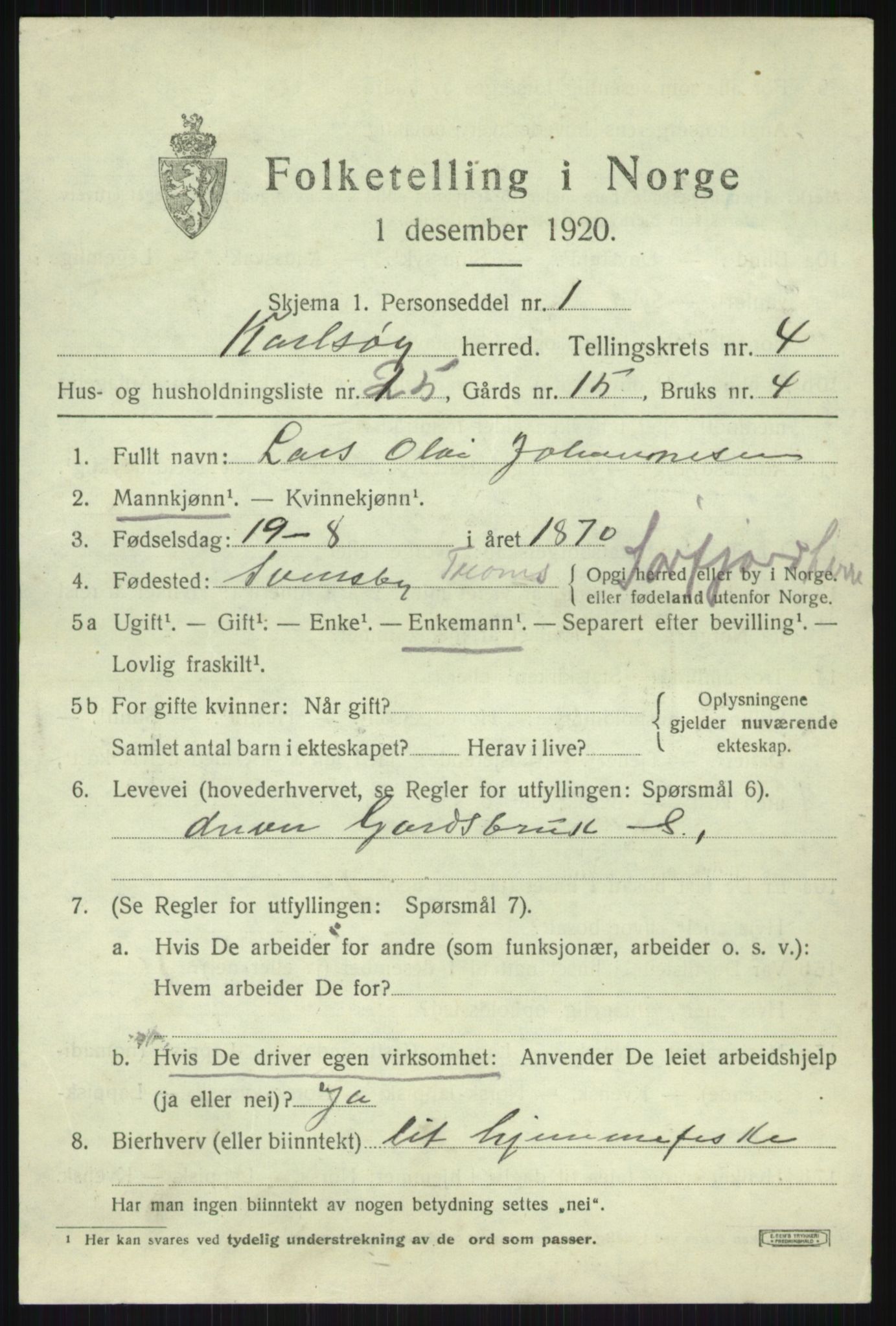 SATØ, Folketelling 1920 for 1936 Karlsøy herred, 1920, s. 2021