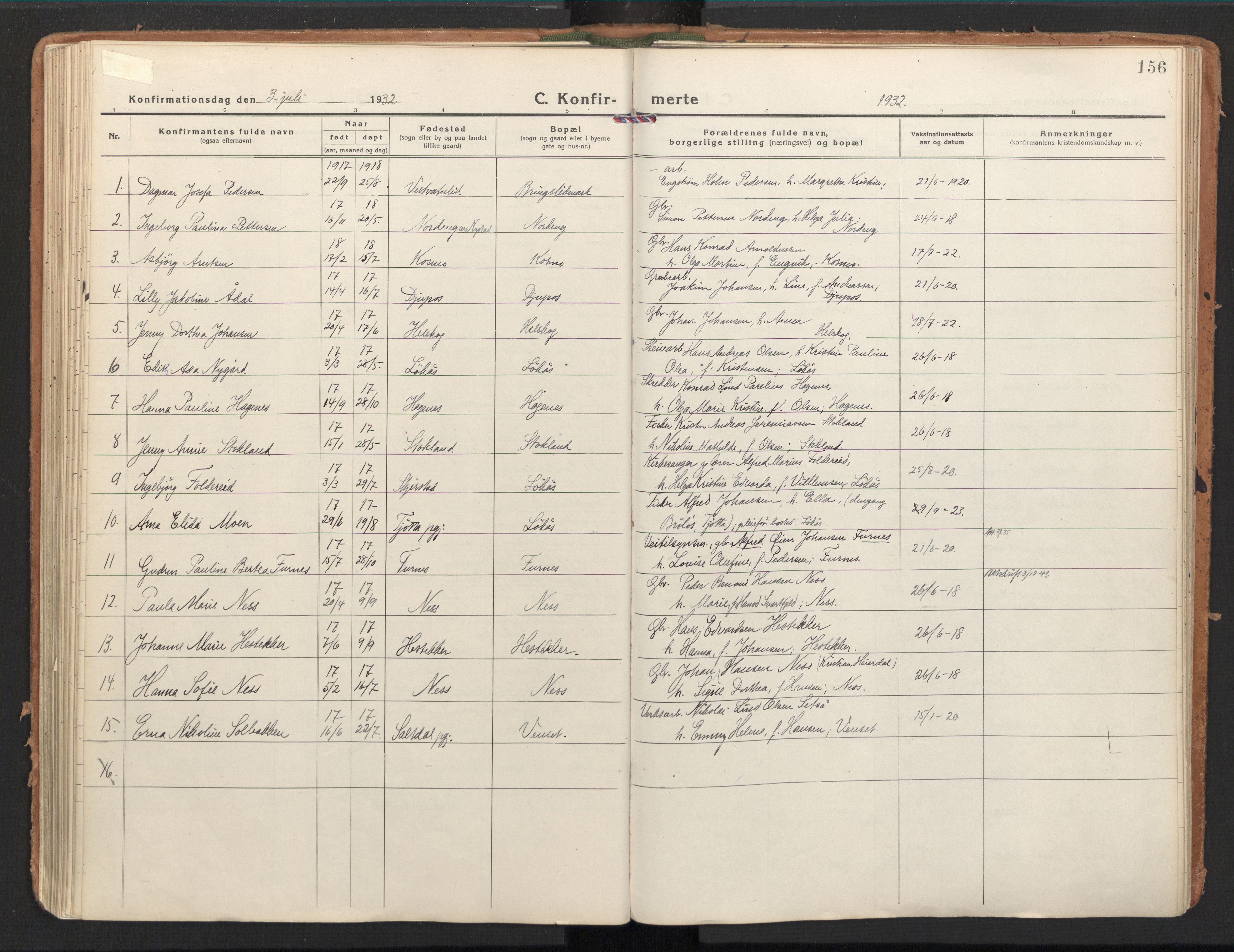 Ministerialprotokoller, klokkerbøker og fødselsregistre - Nordland, AV/SAT-A-1459/851/L0725: Ministerialbok nr. 851A02, 1922-1944, s. 156