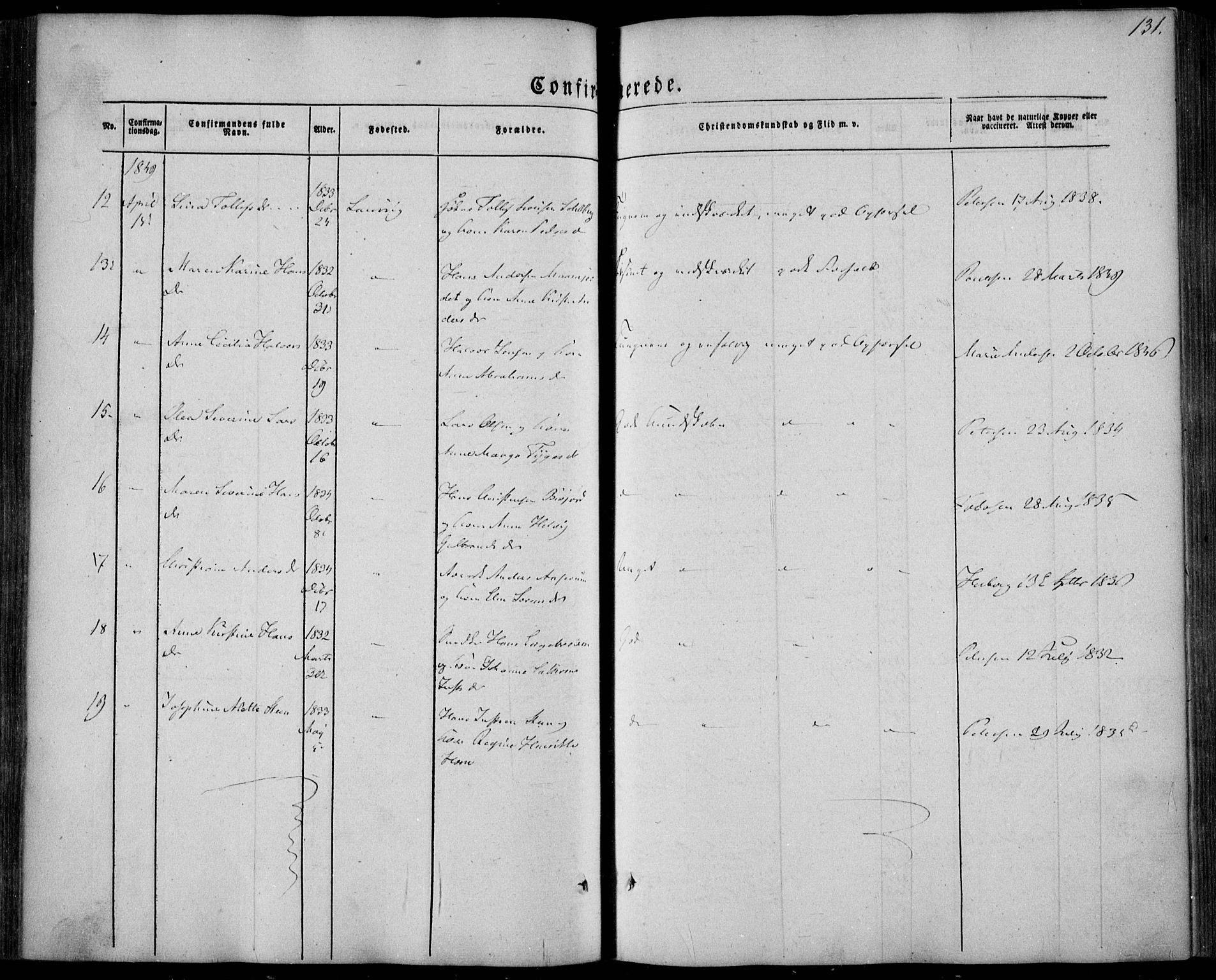 Larvik kirkebøker, AV/SAKO-A-352/F/Fa/L0003: Ministerialbok nr. I 3, 1848-1856, s. 131