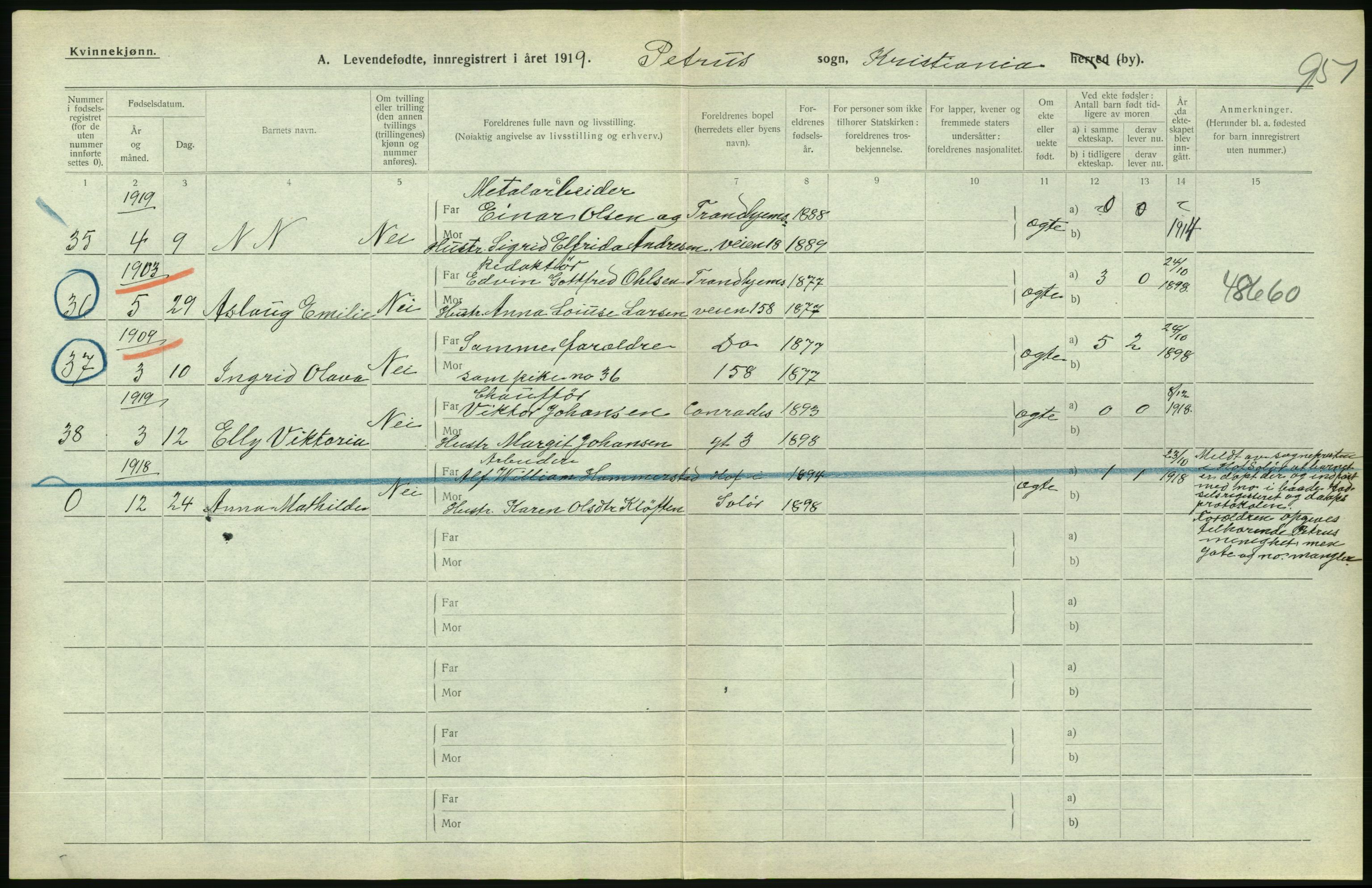 Statistisk sentralbyrå, Sosiodemografiske emner, Befolkning, AV/RA-S-2228/D/Df/Dfb/Dfbi/L0008: Kristiania: Levendefødte menn og kvinner., 1919