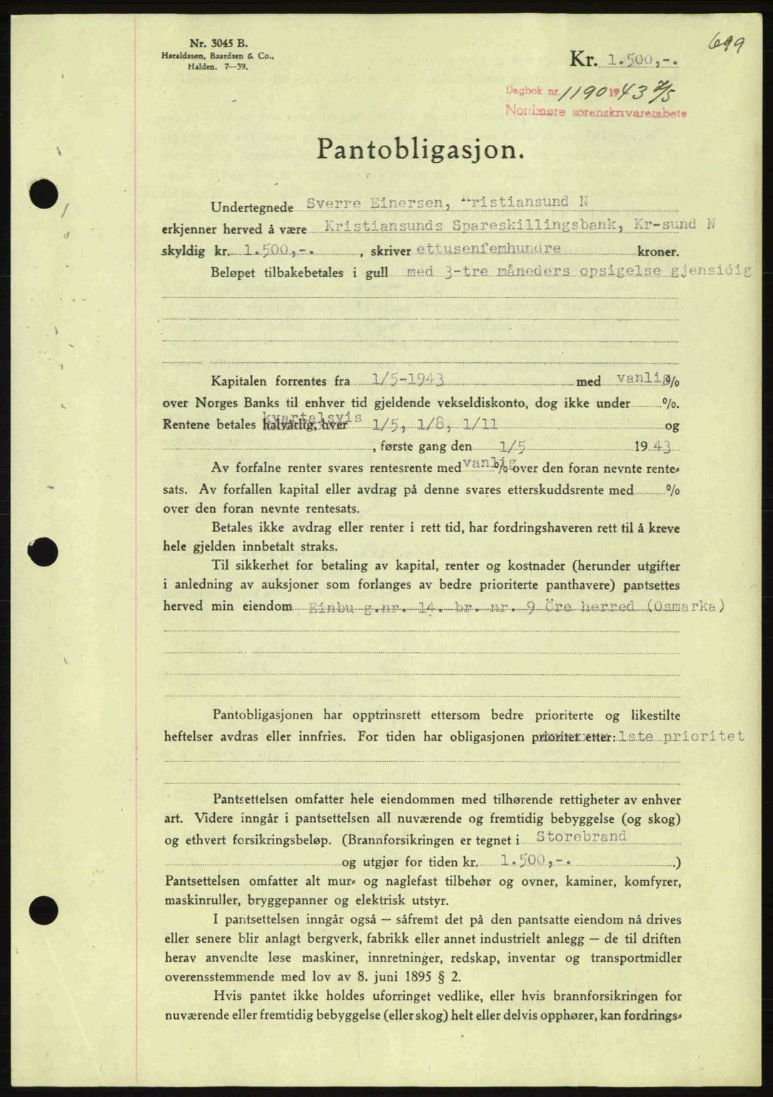 Nordmøre sorenskriveri, SAT/A-4132/1/2/2Ca: Pantebok nr. B90, 1942-1943, Dagboknr: 1190/1943