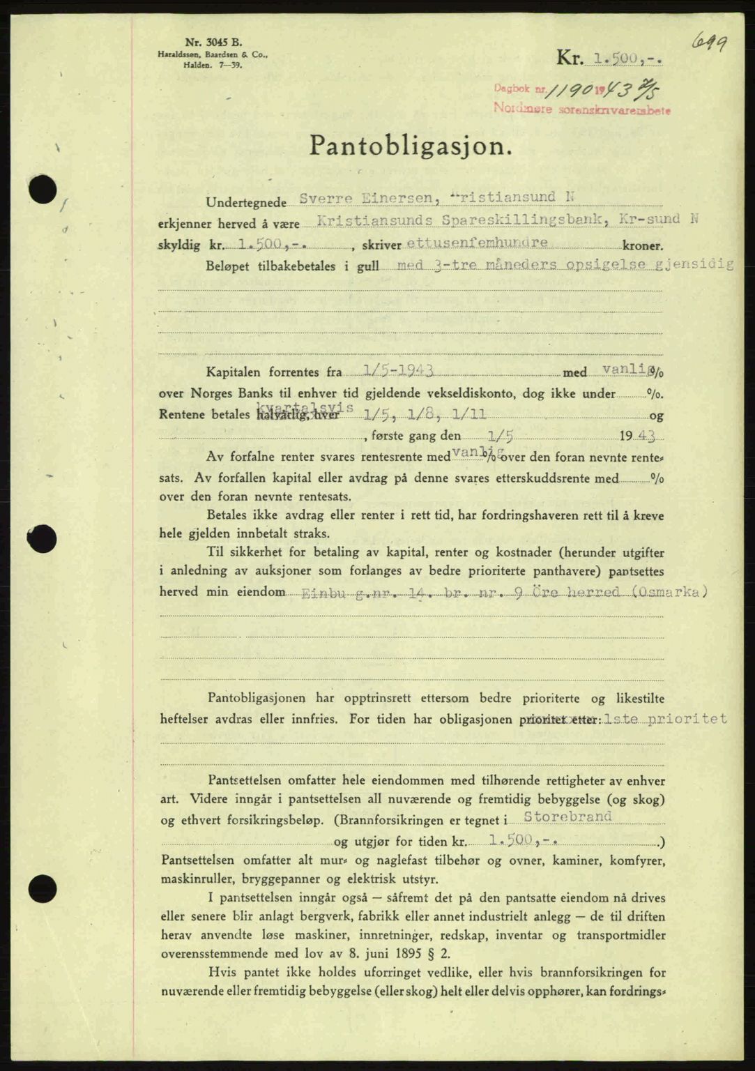 Nordmøre sorenskriveri, AV/SAT-A-4132/1/2/2Ca: Pantebok nr. B90, 1942-1943, Dagboknr: 1190/1943