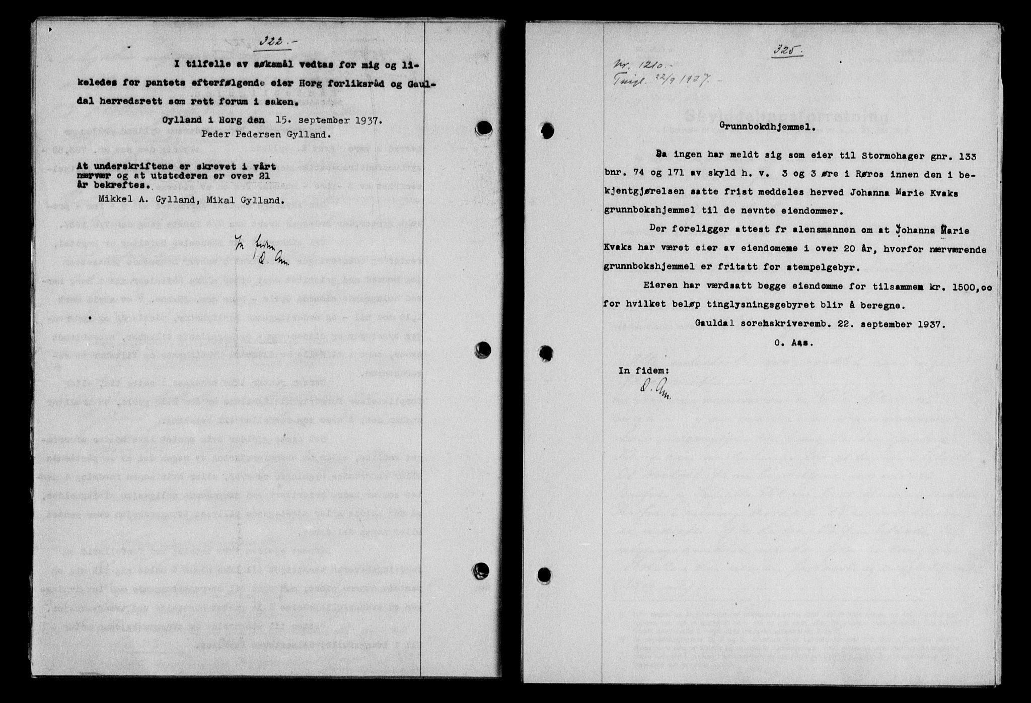 Gauldal sorenskriveri, SAT/A-0014/1/2/2C/L0047: Pantebok nr. 50-51, 1937-1937, Dagboknr: 1210/1937
