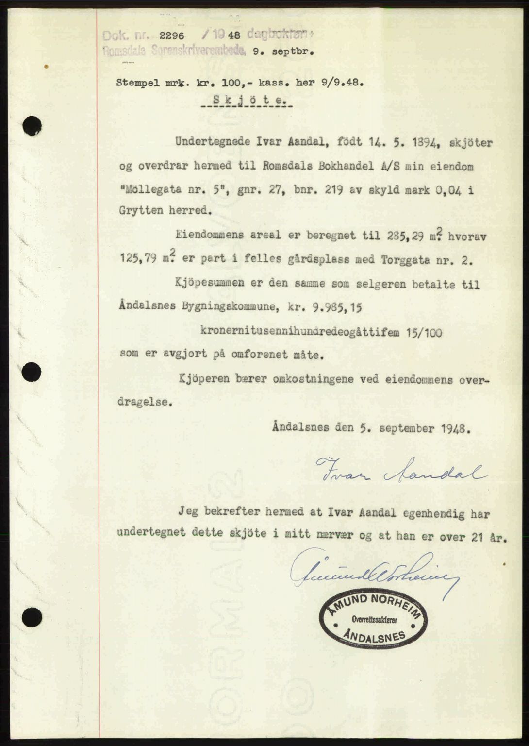 Romsdal sorenskriveri, SAT/A-4149/1/2/2C: Pantebok nr. A27, 1948-1948, Dagboknr: 2296/1948