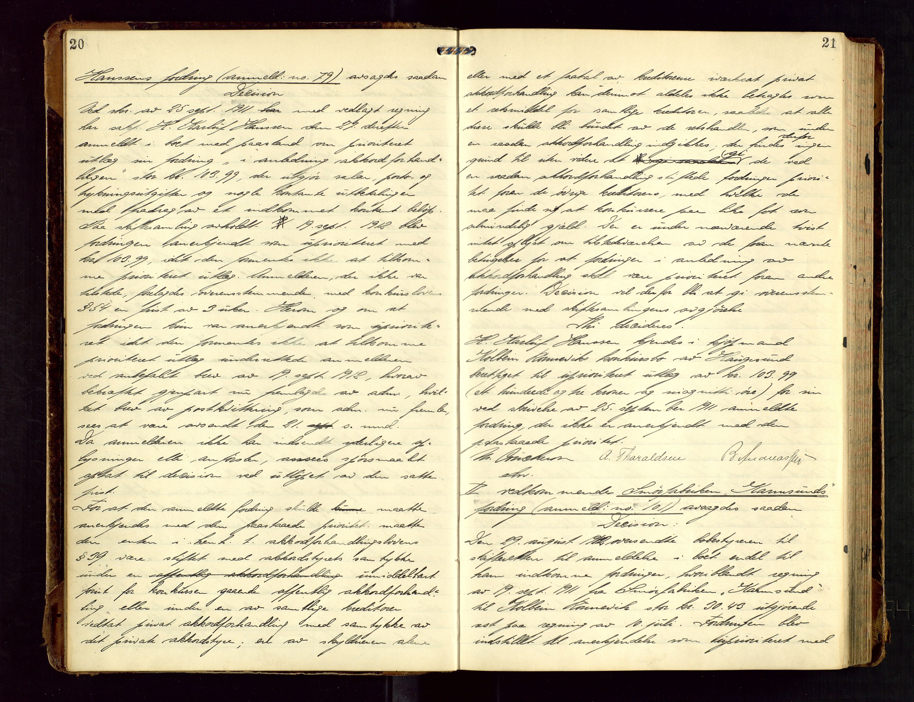 Haugesund tingrett, AV/SAST-A-101415/01/IV/IVC/L0002: Skifteforhandlingsprotokoll, med register, 1912-1921, s. 20-21