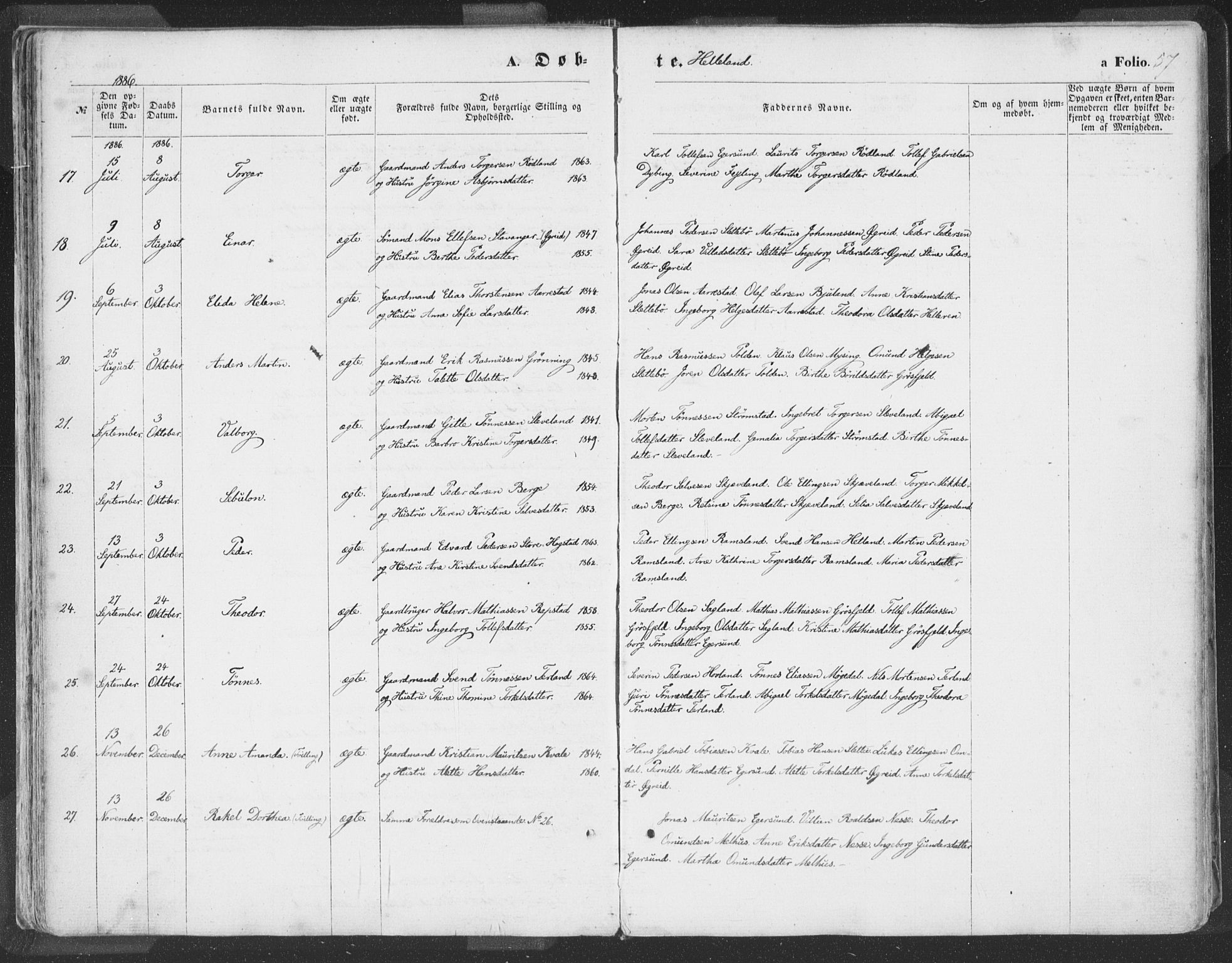 Helleland sokneprestkontor, SAST/A-101810: Ministerialbok nr. A 7.1, 1863-1886, s. 57