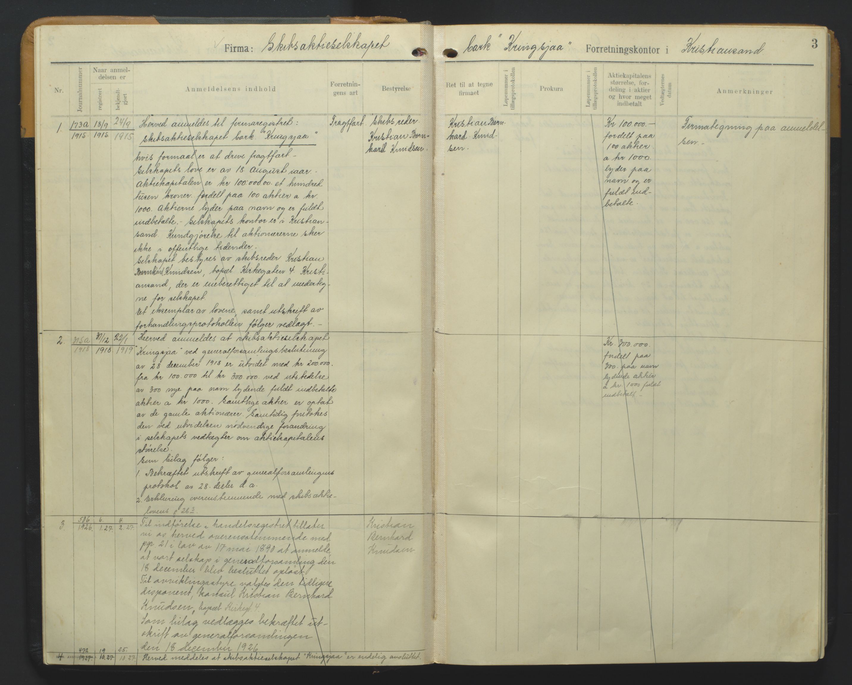 Kristiansand byrett, AV/SAK-1223-0001/K/Kb/L0011: Handelsregister B IV, 1915-1926, s. 3
