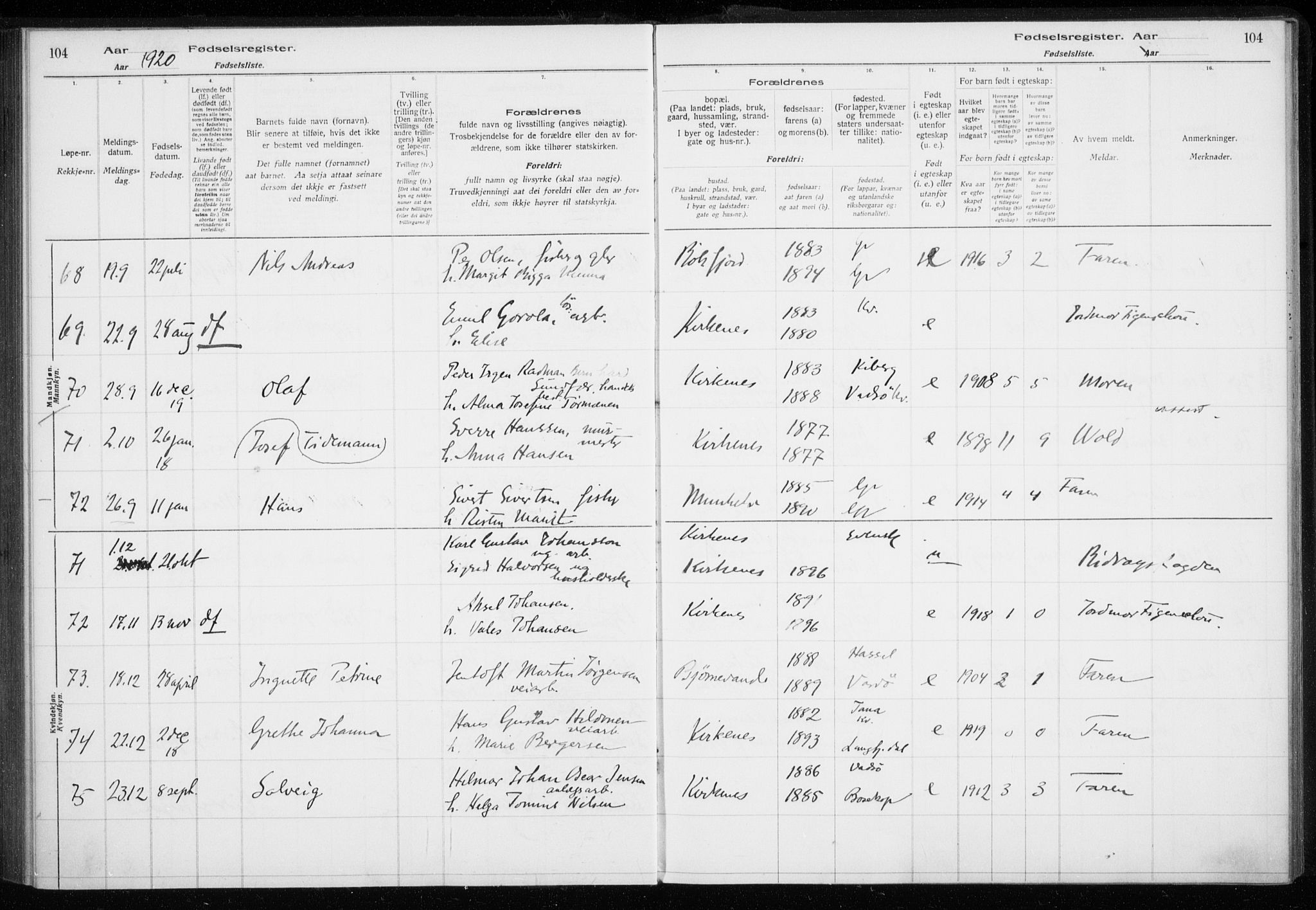 Sør-Varanger sokneprestkontor, AV/SATØ-S-1331/I/Ia/L0016: Fødselsregister nr. 16, 1915-1925, s. 104