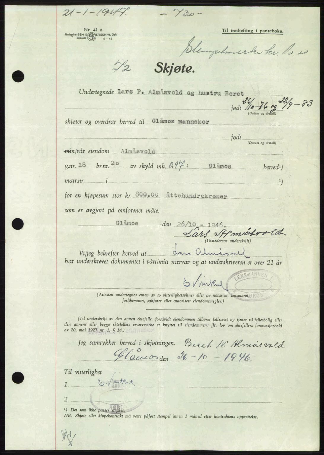 Gauldal sorenskriveri, SAT/A-0014/1/2/2C: Pantebok nr. A3, 1947-1947, Dagboknr: 72/1947