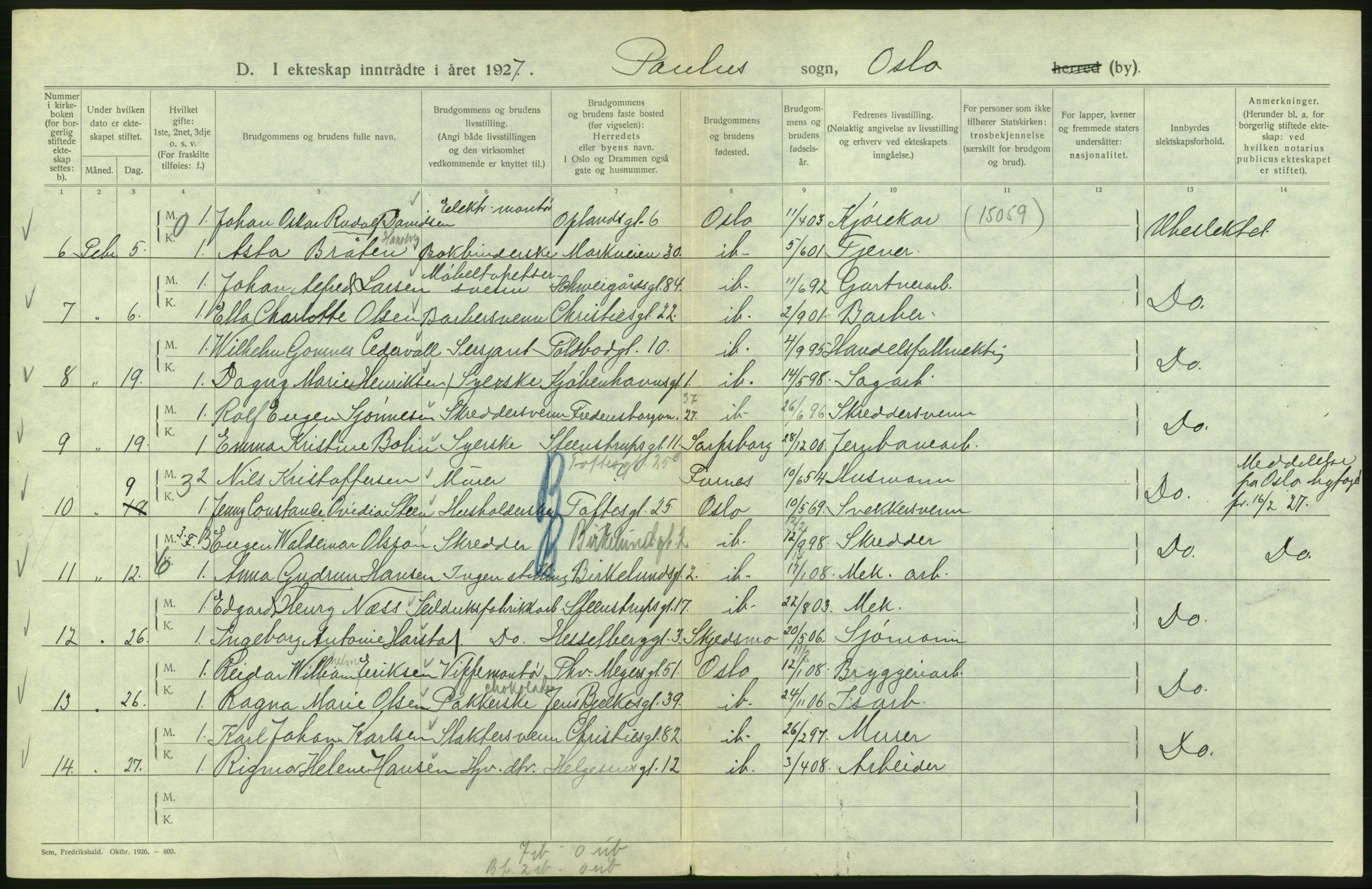 Statistisk sentralbyrå, Sosiodemografiske emner, Befolkning, AV/RA-S-2228/D/Df/Dfc/Dfcg/L0008: Oslo: Gifte, 1927, s. 444