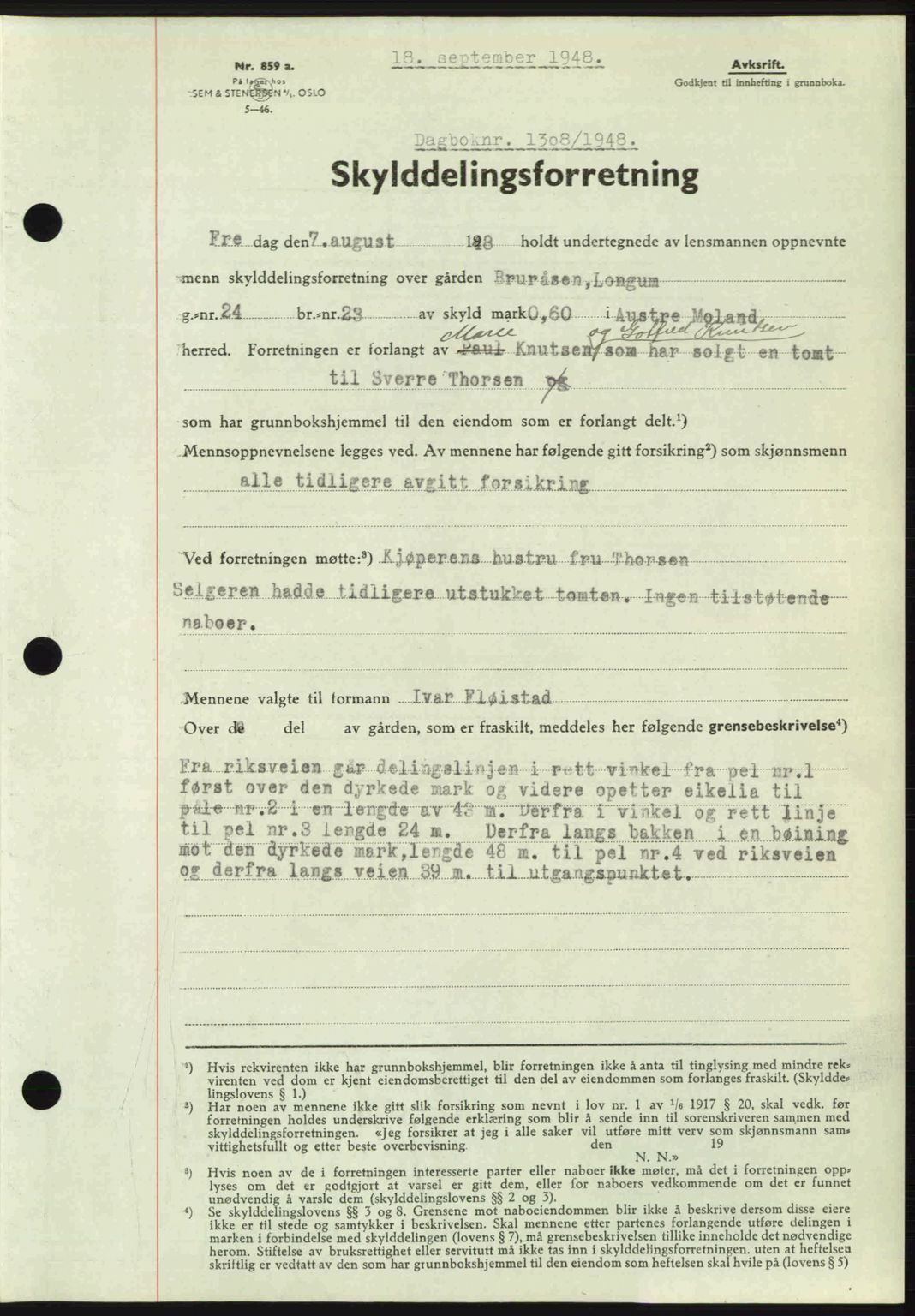 Nedenes sorenskriveri, AV/SAK-1221-0006/G/Gb/Gba/L0059: Pantebok nr. A11, 1948-1948, Dagboknr: 1308/1948