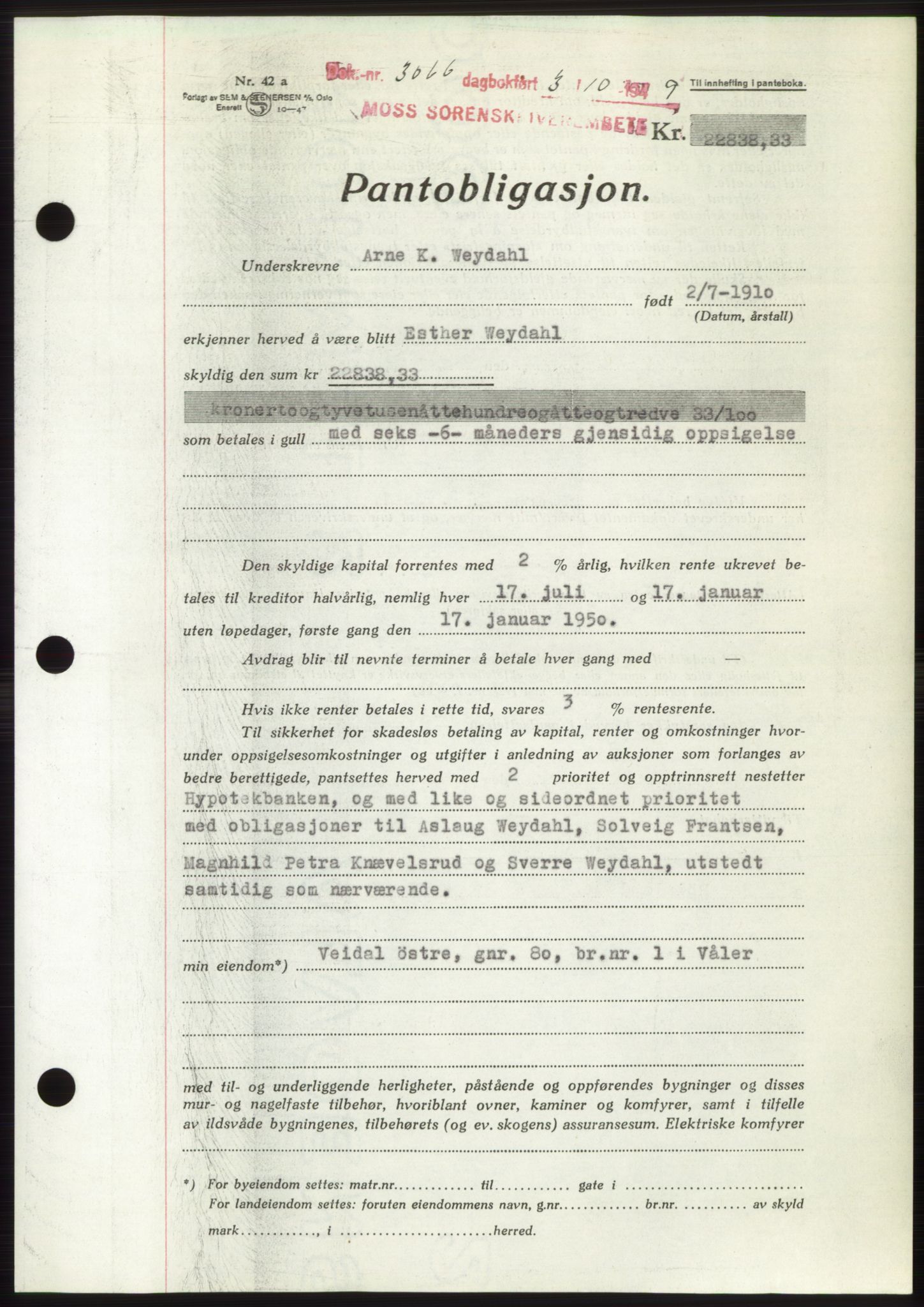 Moss sorenskriveri, SAO/A-10168: Pantebok nr. B22, 1949-1949, Dagboknr: 3066/1949