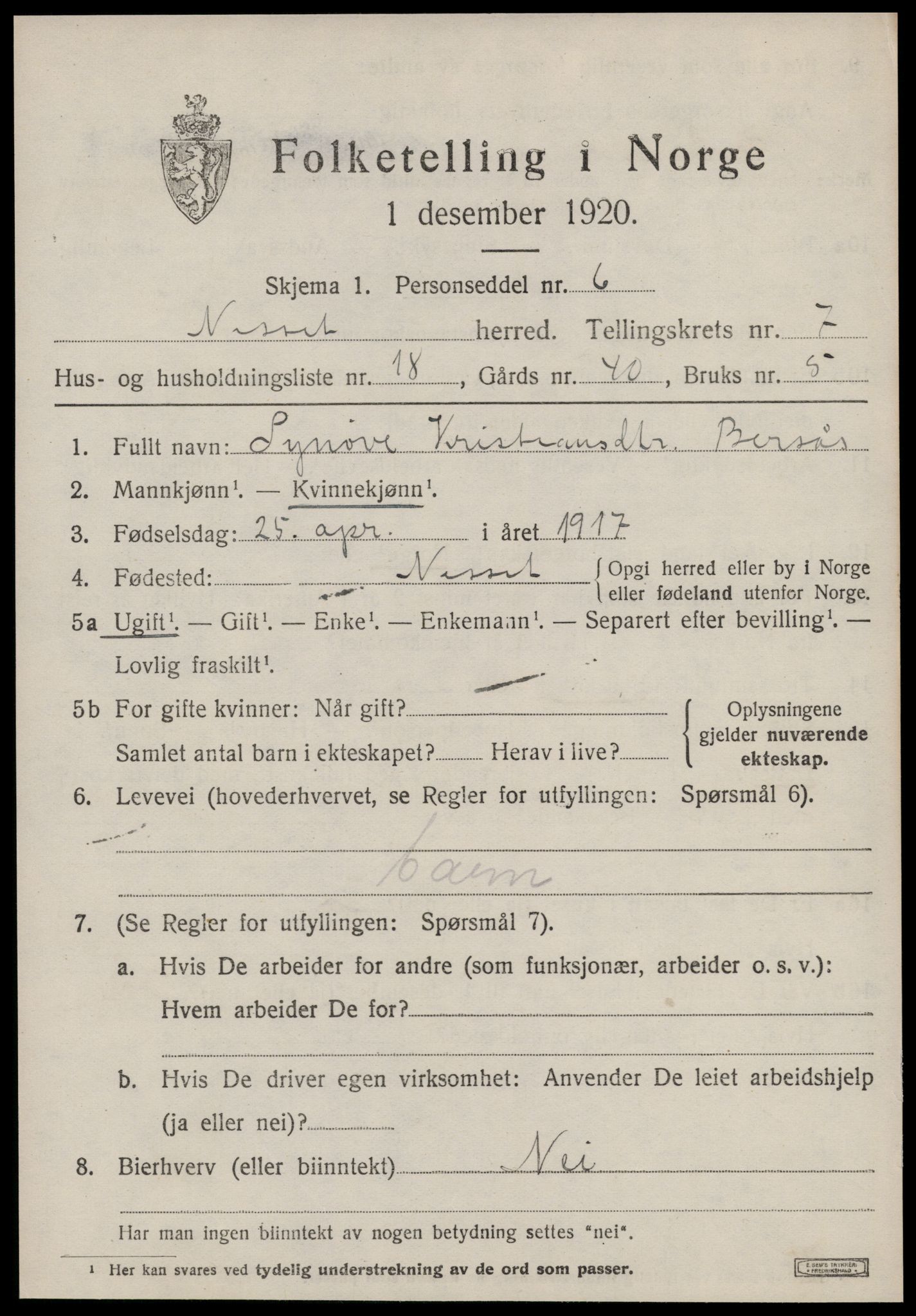 SAT, Folketelling 1920 for 1543 Nesset herred, 1920, s. 3464