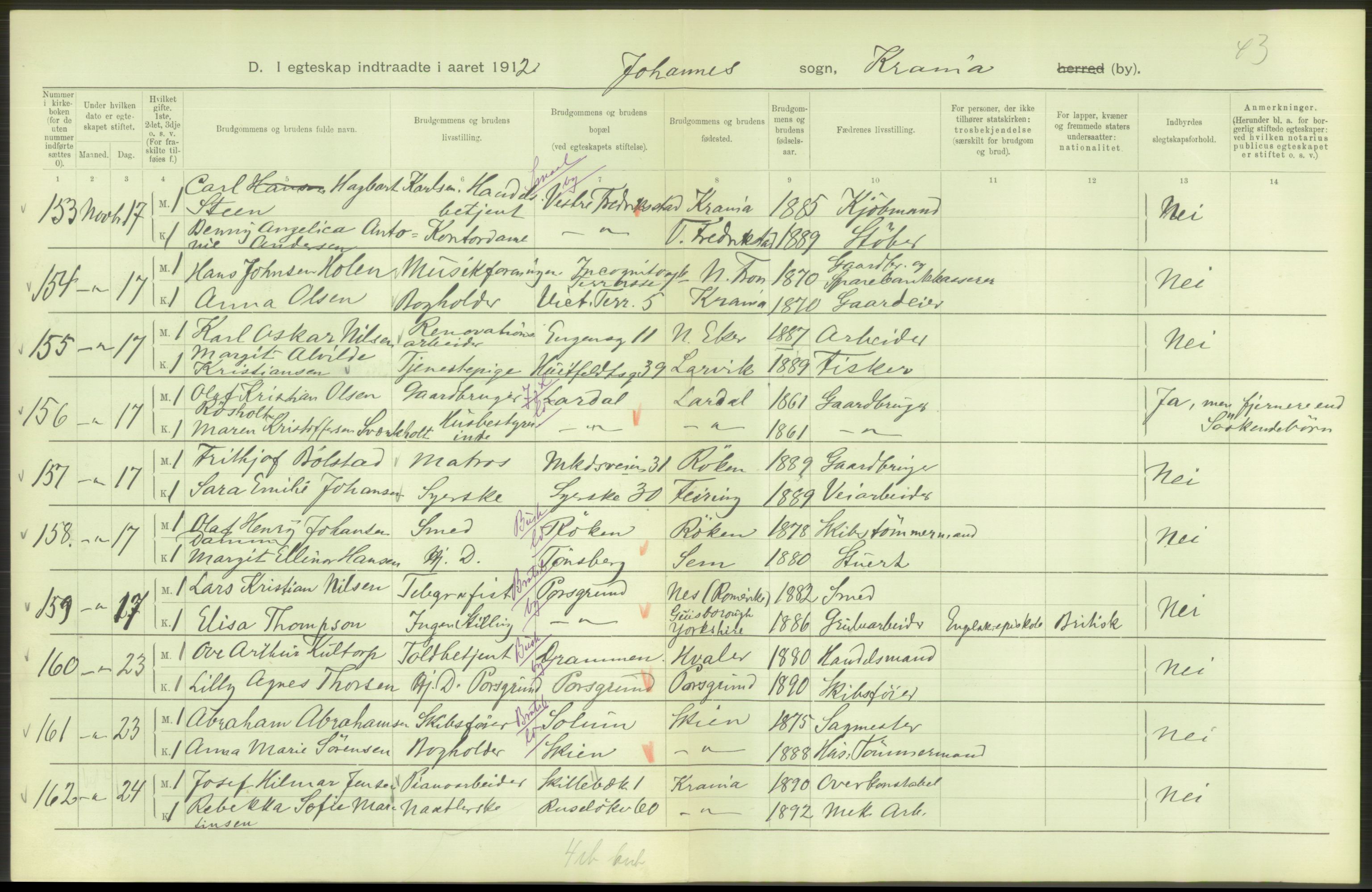 Statistisk sentralbyrå, Sosiodemografiske emner, Befolkning, AV/RA-S-2228/D/Df/Dfb/Dfbb/L0008: Kristiania: Gifte, 1912, s. 672