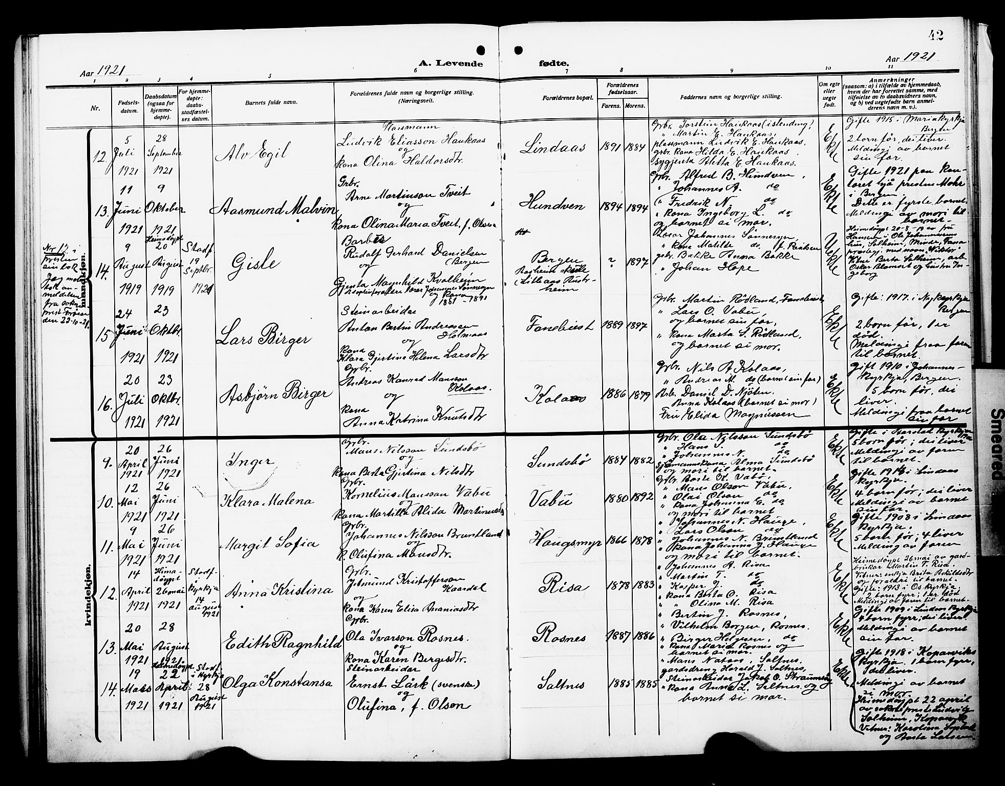 Lindås Sokneprestembete, AV/SAB-A-76701/H/Hab/Habb/L0004: Klokkerbok nr. B 4, 1912-1929, s. 42