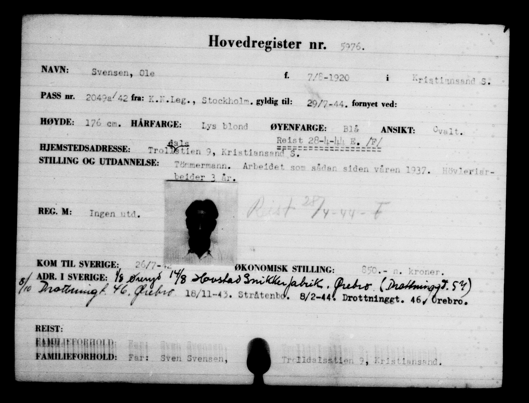 Utenriksstasjonene, Legasjonen i Stockholm, Flyktningkontoret, AV/RA-S-6753/V/Va/L0004: Kjesäterkartoteket, flyktninger med registreringsnr. 3496-6610, 1940-1945, s. 2898