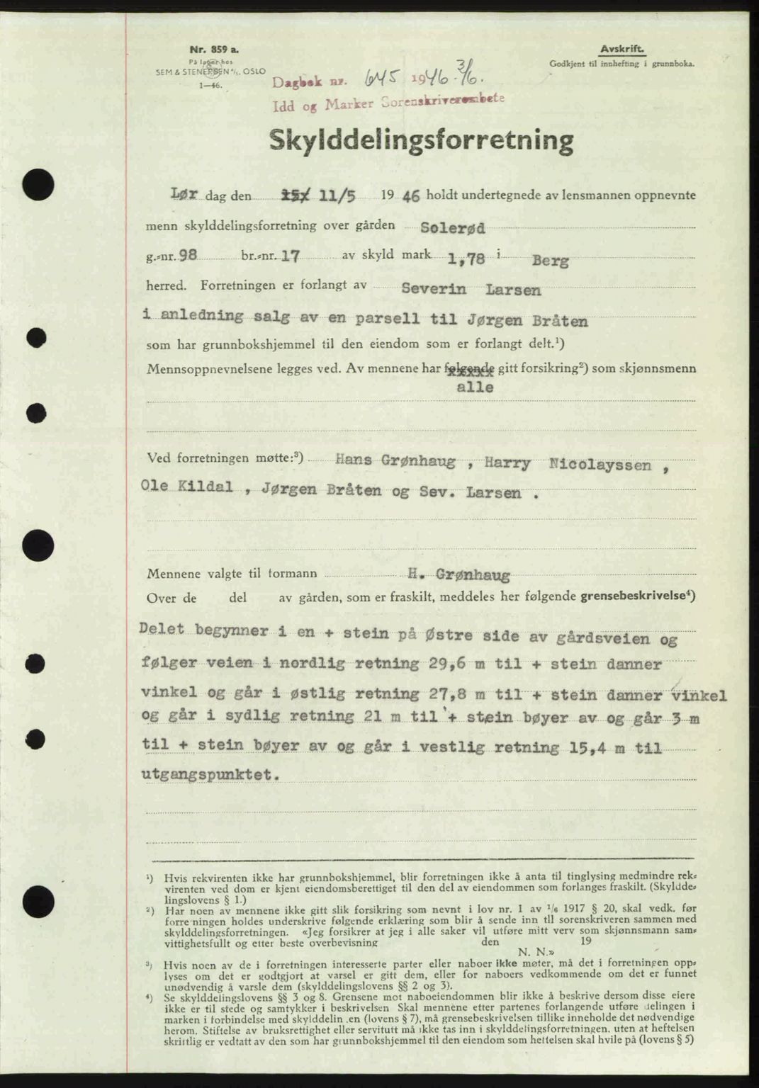 Idd og Marker sorenskriveri, SAO/A-10283/G/Gb/Gbb/L0008: Pantebok nr. A8, 1946-1946, Dagboknr: 645/1946