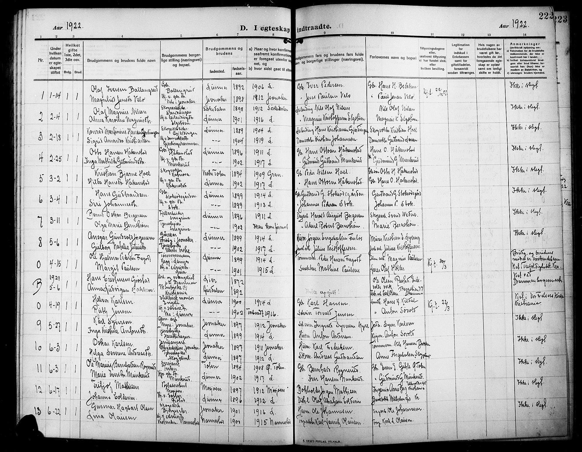 Lunner prestekontor, AV/SAH-PREST-118/H/Ha/Hab/L0001: Klokkerbok nr. 1, 1909-1922, s. 222