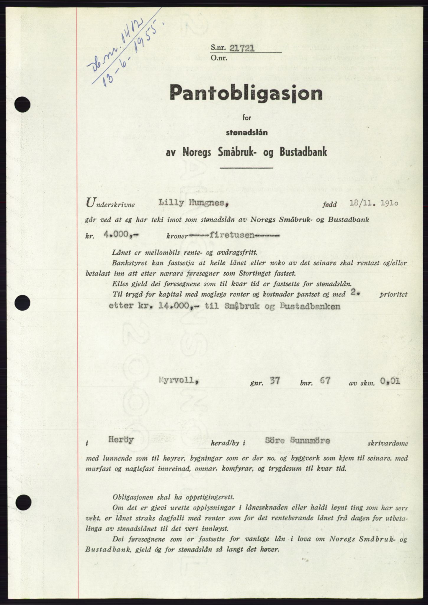 Søre Sunnmøre sorenskriveri, SAT/A-4122/1/2/2C/L0127: Pantebok nr. 15B, 1955-1955, Dagboknr: 1412/1955