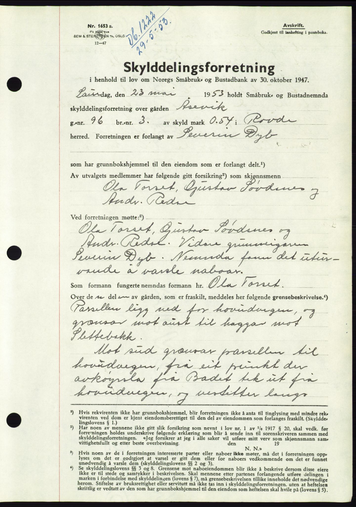 Søre Sunnmøre sorenskriveri, AV/SAT-A-4122/1/2/2C/L0095: Pantebok nr. 21A, 1953-1953, Dagboknr: 1222/1953