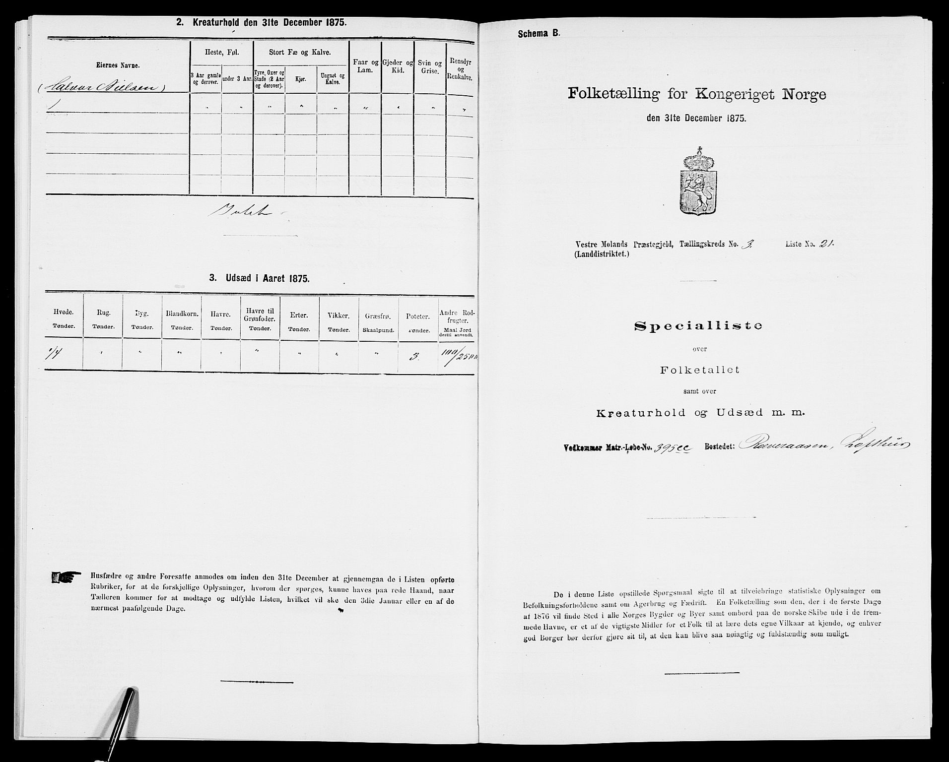 SAK, Folketelling 1875 for 0926L Vestre Moland prestegjeld, Vestre Moland sokn, 1875, s. 433