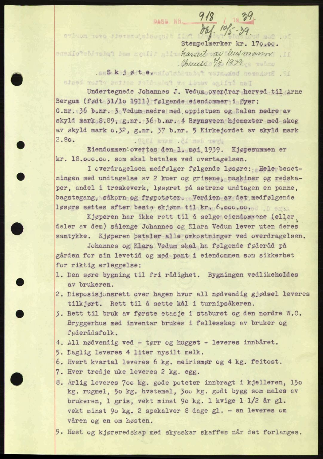Sør-Gudbrandsdal tingrett, SAH/TING-004/H/Hb/Hbd/L0006: Pantebok nr. A6, 1939-1939, Dagboknr: 918/1939