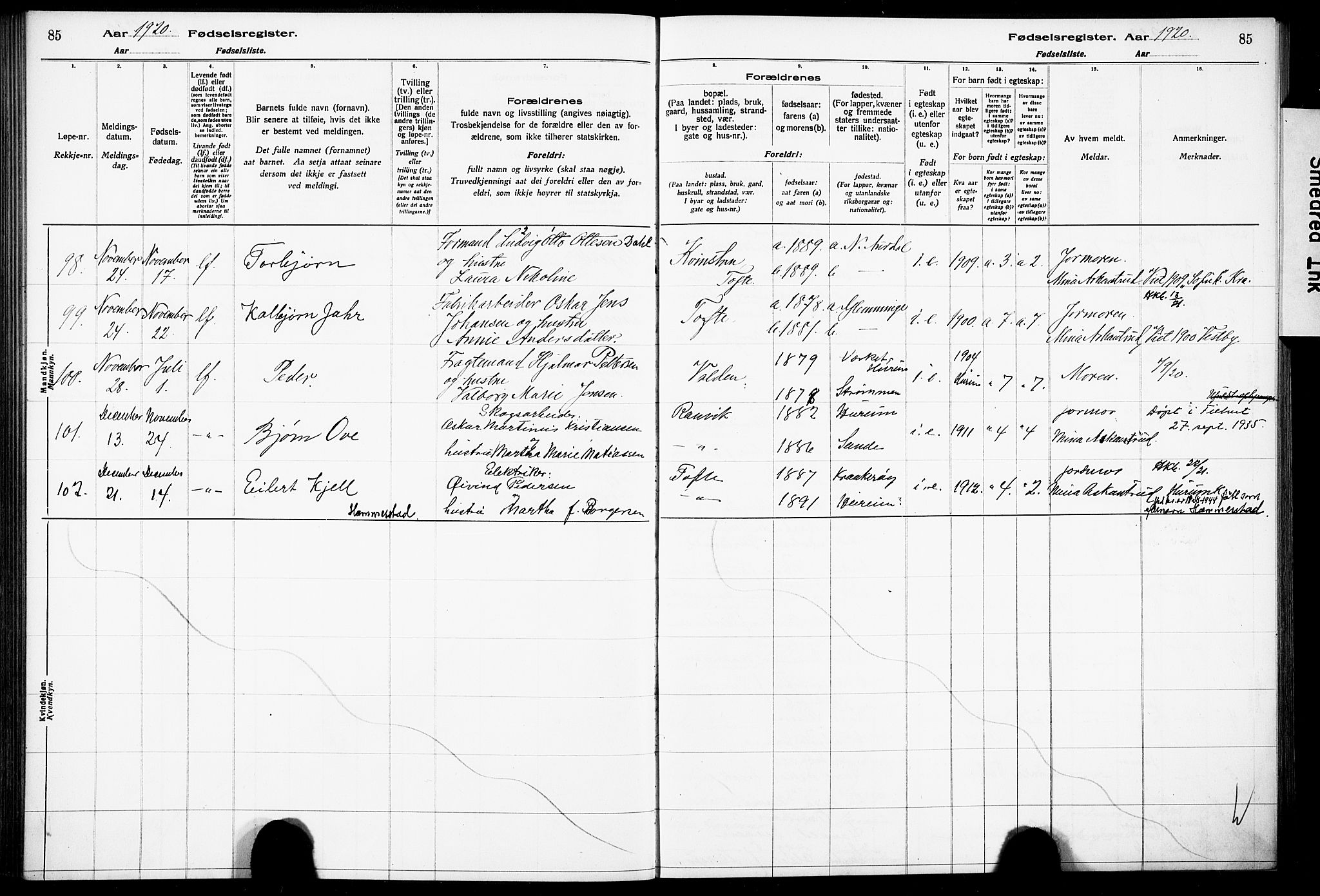 Hurum kirkebøker, AV/SAKO-A-229/J/Ja/L0001: Fødselsregister nr. 1, 1916-1928, s. 85