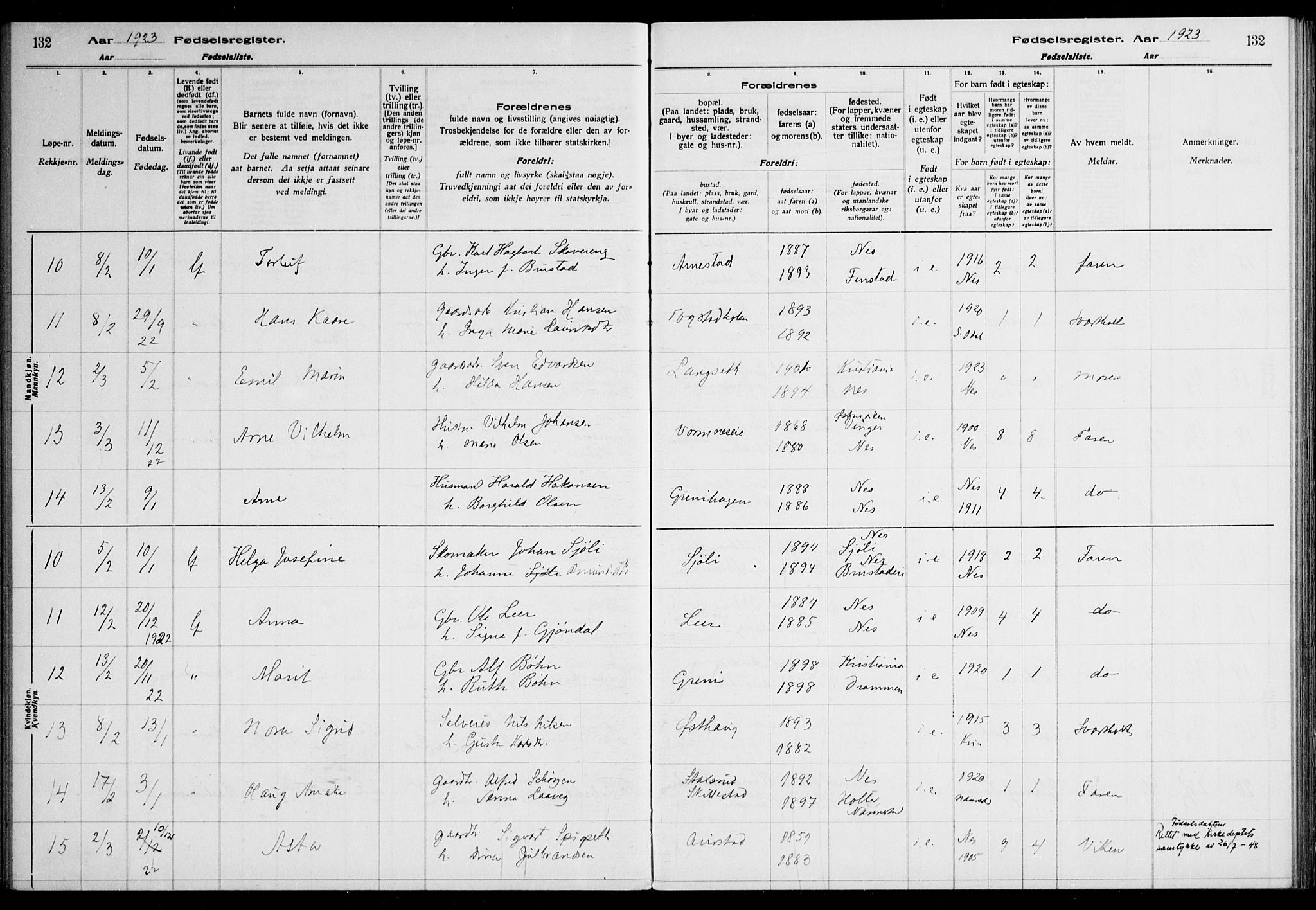 Nes prestekontor Kirkebøker, AV/SAO-A-10410/J/Ja/L0001: Fødselsregister nr. 1, 1916-1926, s. 132