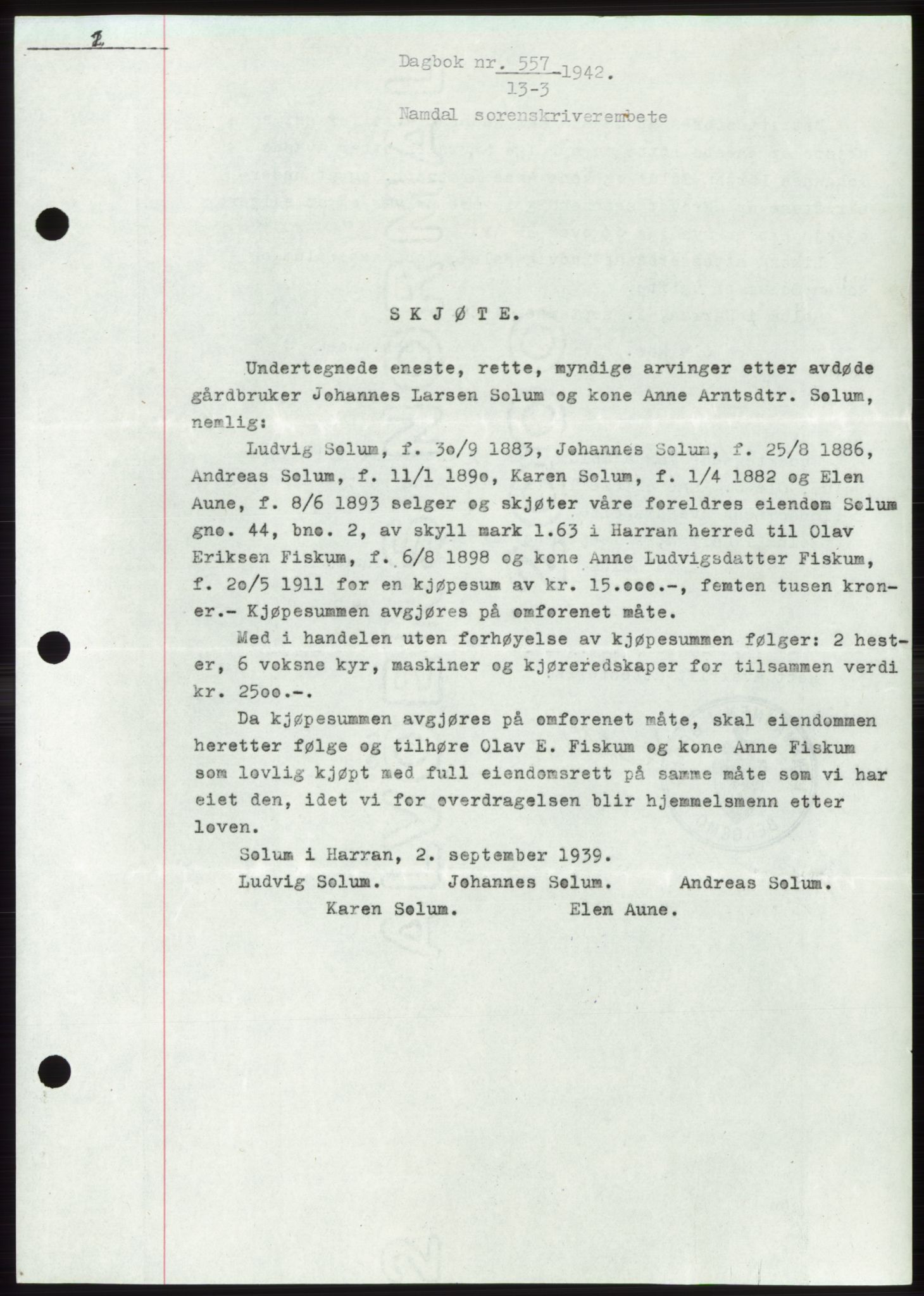 Namdal sorenskriveri, AV/SAT-A-4133/1/2/2C: Pantebok nr. -, 1941-1942, Dagboknr: 557/1942