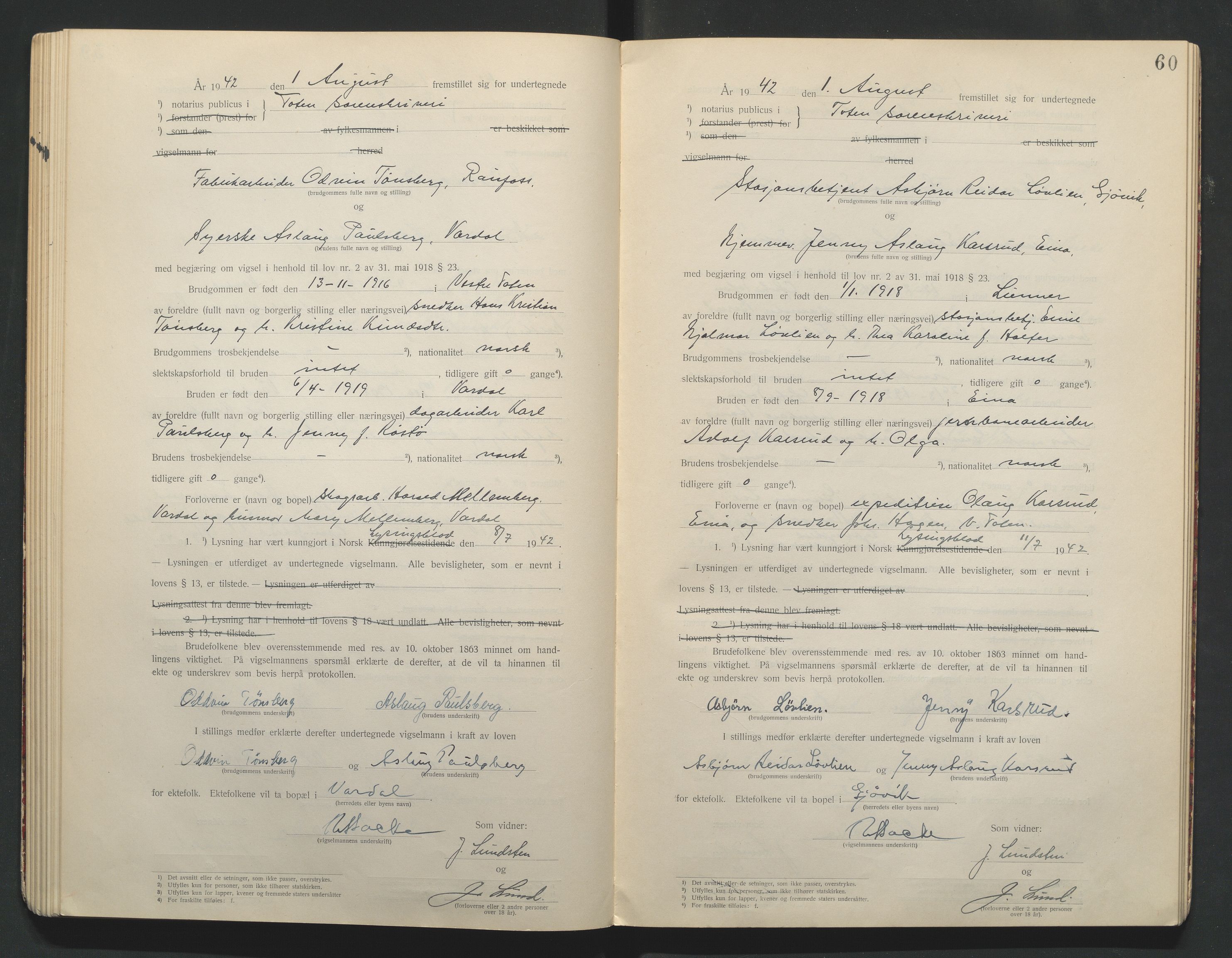 Toten tingrett, AV/SAH-TING-006/L/Lc/L0001: Vigselbok, 1920-1942, s. 60