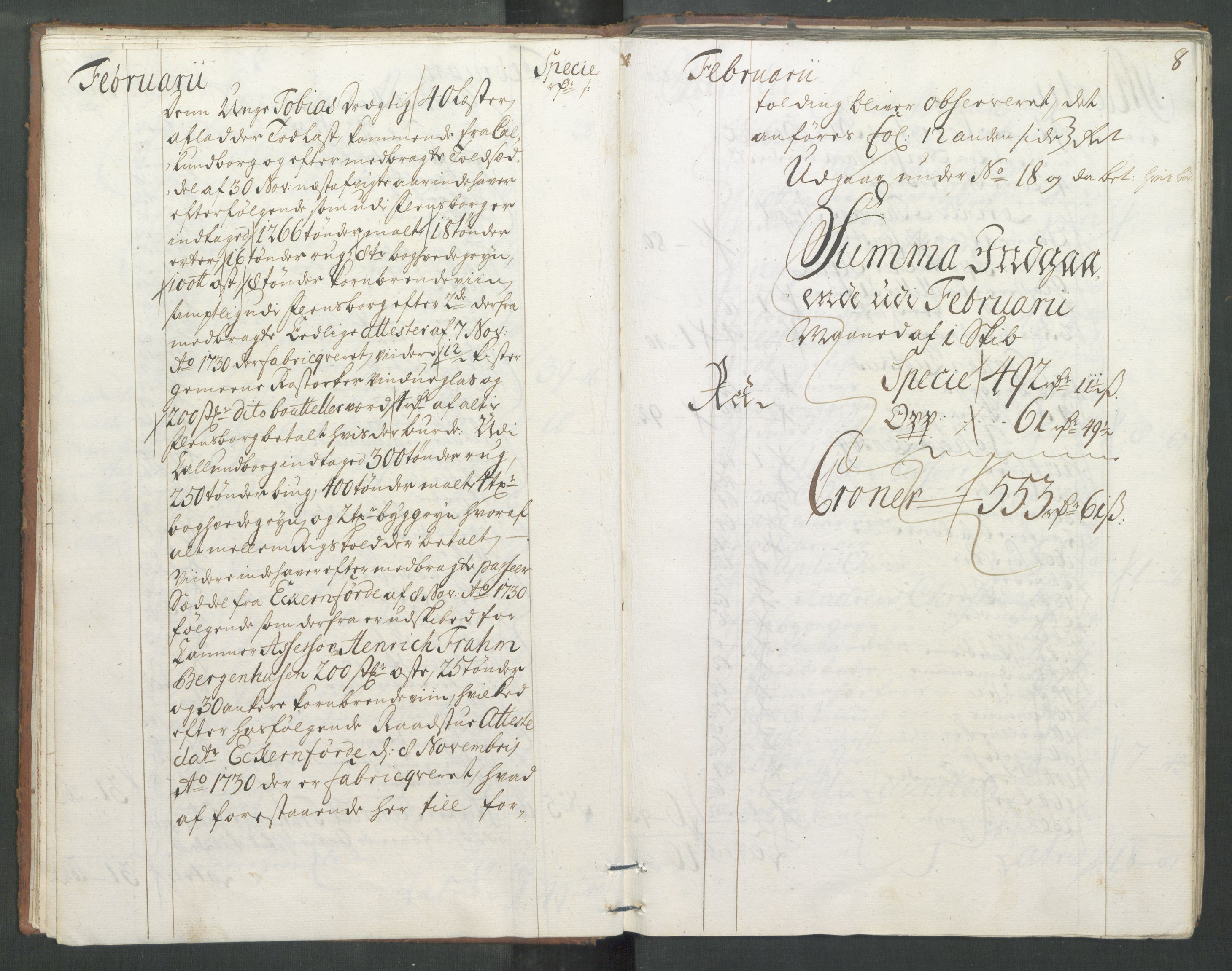 Generaltollkammeret, tollregnskaper, RA/EA-5490/R33/L0013/0001: Tollregnskaper Trondheim A / Inngående tollbok, 1731, s. 7b-8a