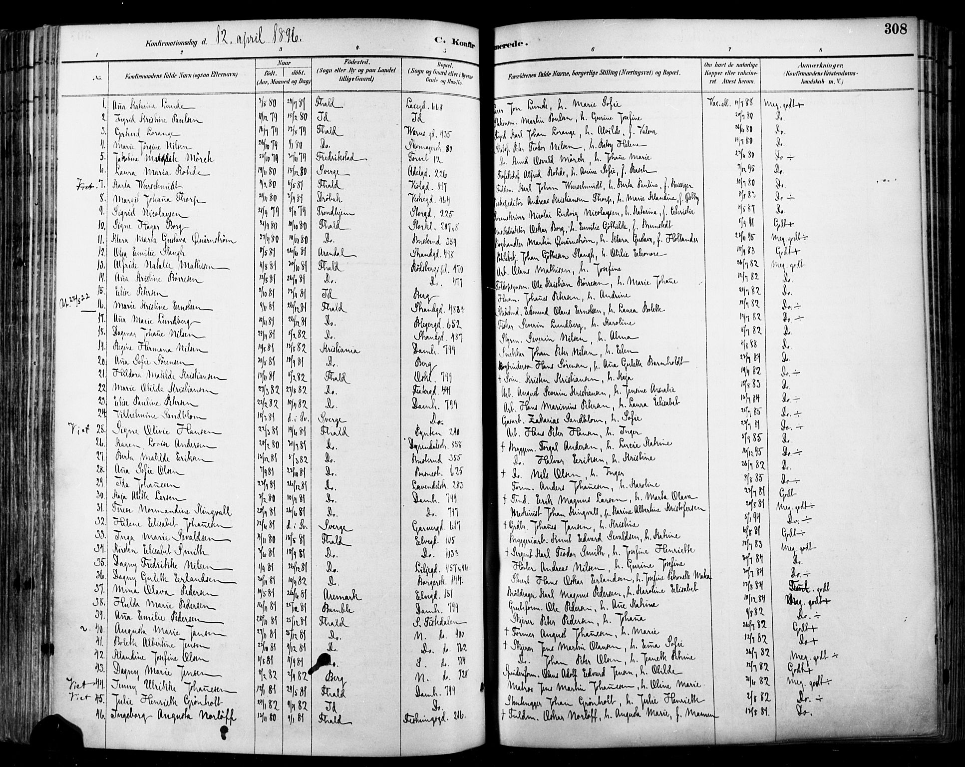 Halden prestekontor Kirkebøker, SAO/A-10909/F/Fa/L0013: Ministerialbok nr. I 13, 1890-1906, s. 308