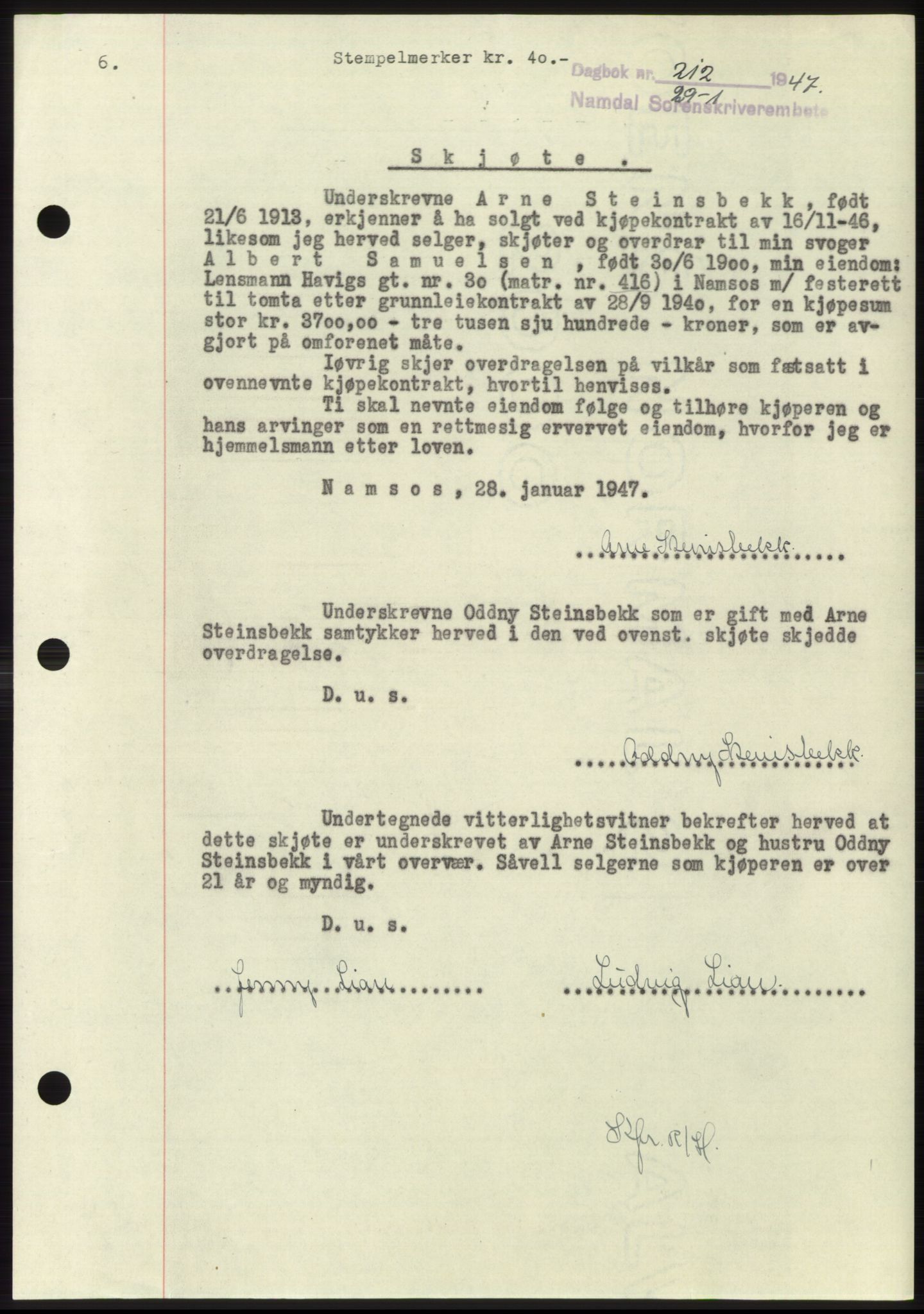 Namdal sorenskriveri, SAT/A-4133/1/2/2C: Pantebok nr. -, 1946-1947, Dagboknr: 212/1947