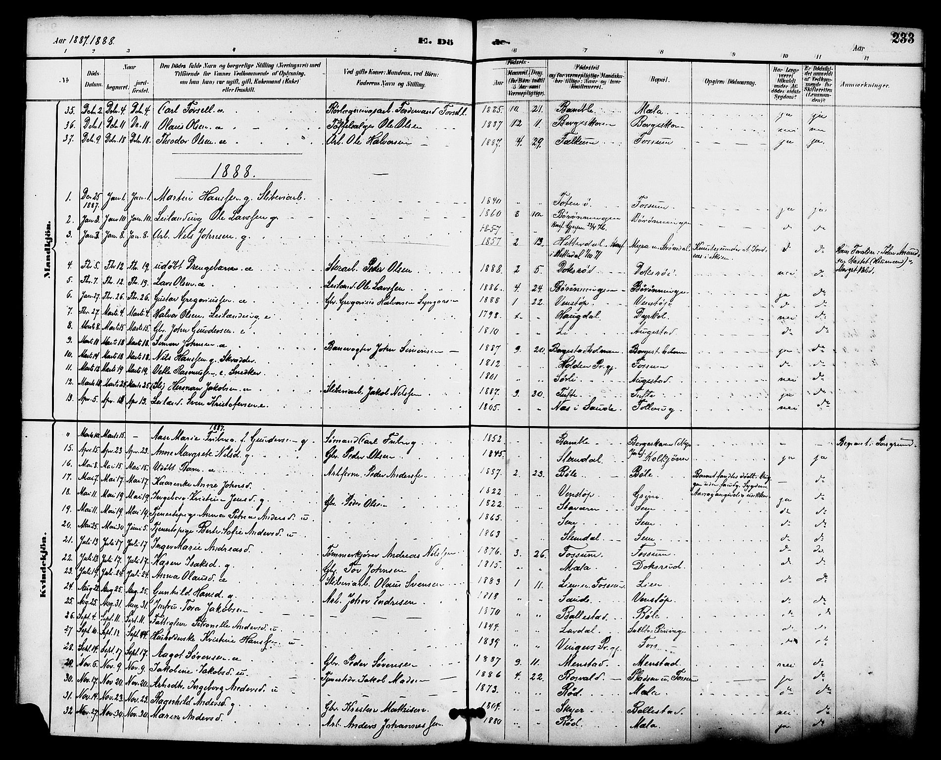 Gjerpen kirkebøker, AV/SAKO-A-265/F/Fa/L0010: Ministerialbok nr. I 10, 1886-1895, s. 233