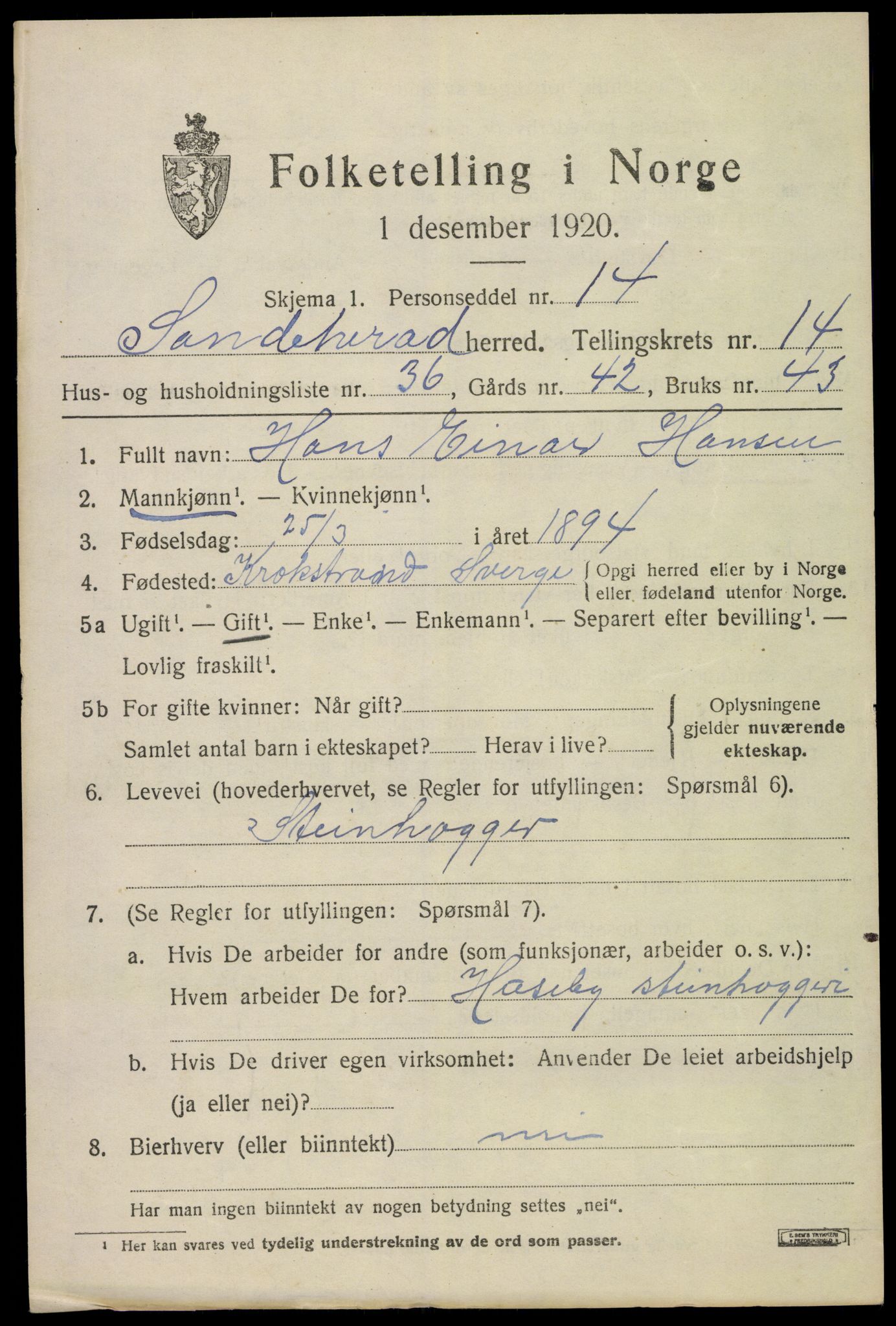 SAKO, Folketelling 1920 for 0724 Sandeherred herred, 1920, s. 20674