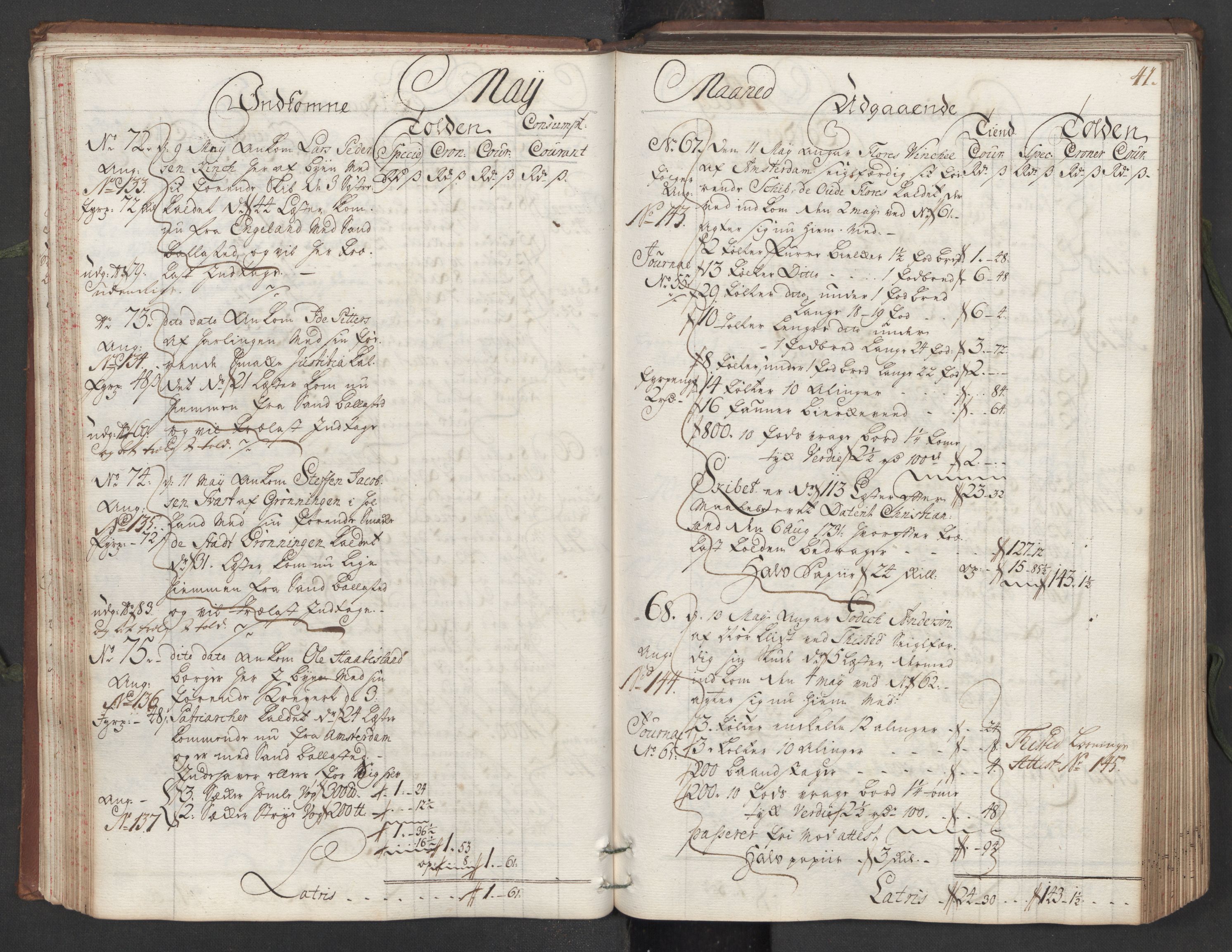 Generaltollkammeret, tollregnskaper, AV/RA-EA-5490/R16/L0013/0001: Tollregnskaper Kristiansand / Hovedtollbok, 1733, s. 40b-41a