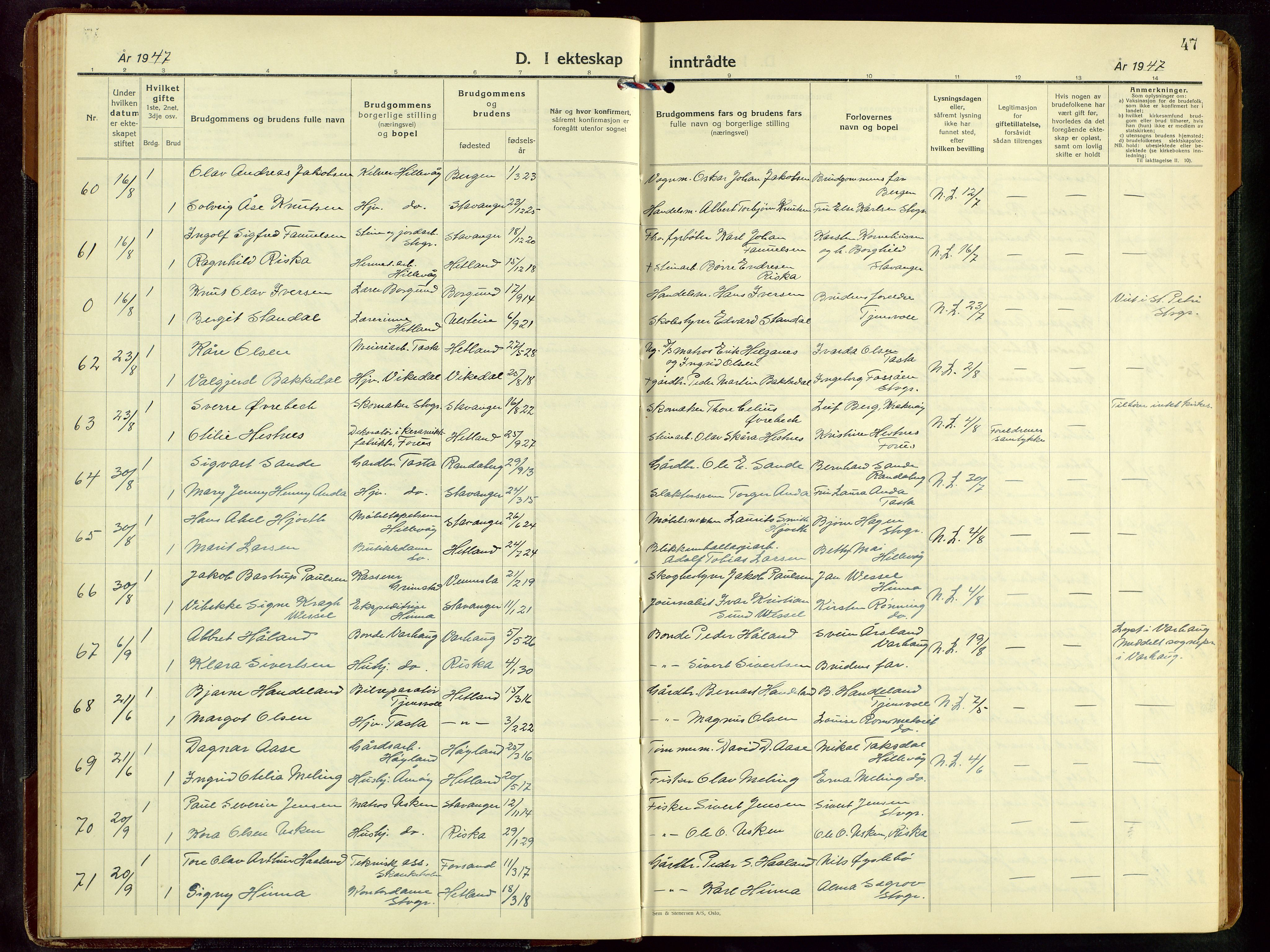 Hetland sokneprestkontor, AV/SAST-A-101826/30/30BB/L0016: Klokkerbok nr. B 16, 1942-1960, s. 47