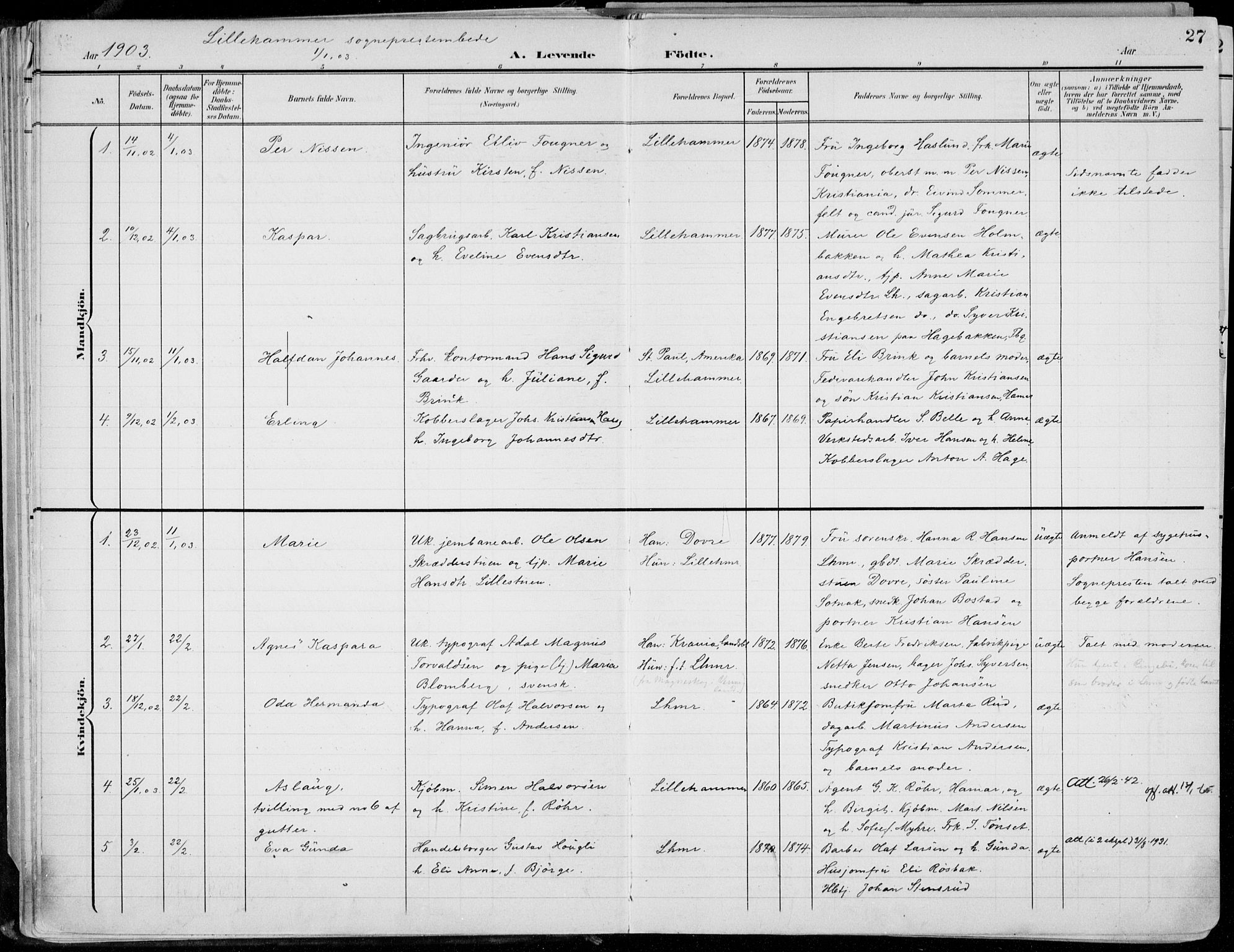 Lillehammer prestekontor, AV/SAH-PREST-088/H/Ha/Haa/L0001: Ministerialbok nr. 1, 1901-1916, s. 27