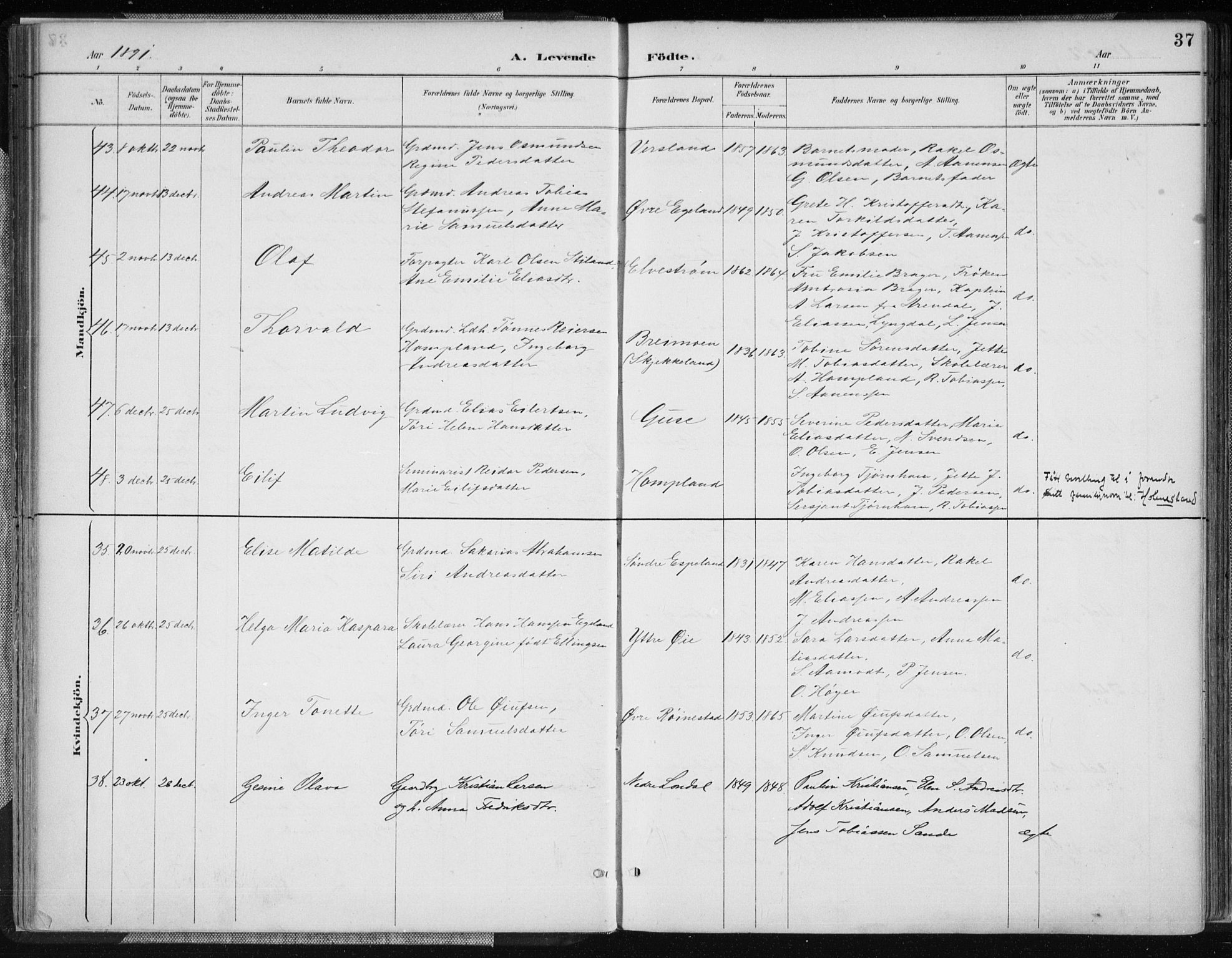 Kvinesdal sokneprestkontor, AV/SAK-1111-0026/F/Fa/Fab/L0008: Ministerialbok nr. A 8, 1886-1897, s. 37