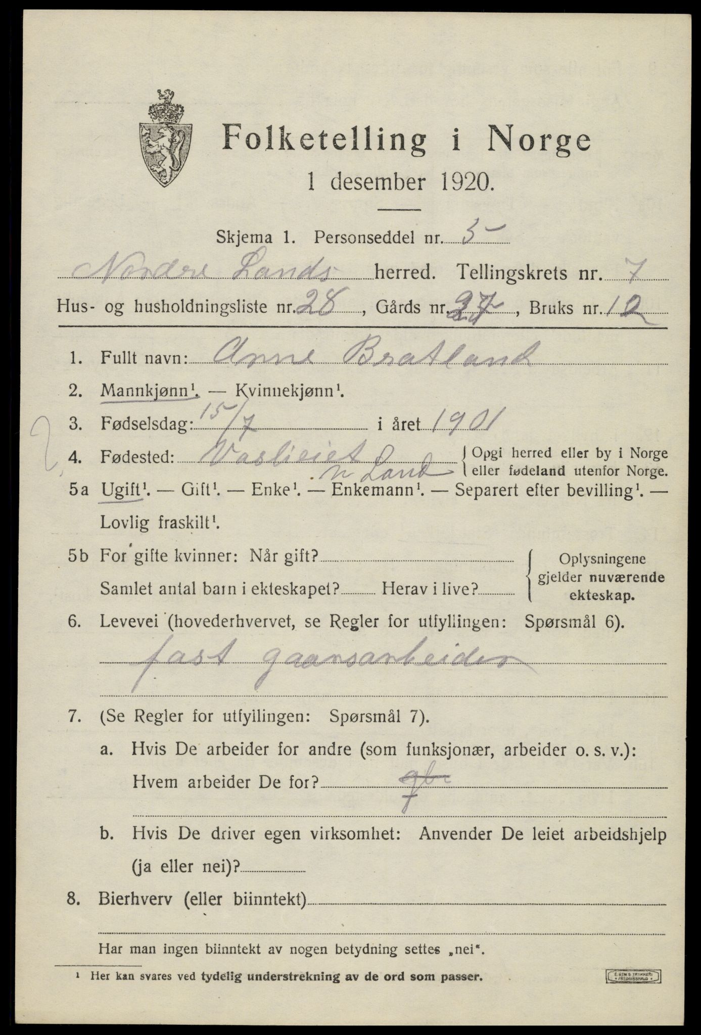 SAH, Folketelling 1920 for 0538 Nordre Land herred, 1920, s. 4744