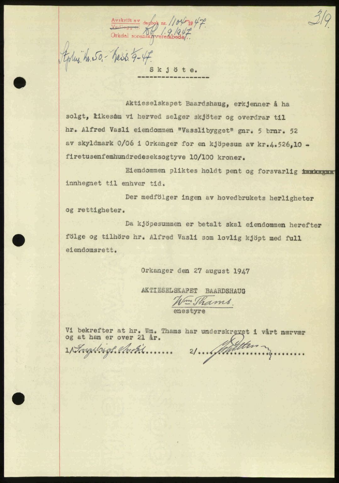 Orkdal sorenskriveri, SAT/A-4169/1/2/2C: Pantebok nr. A, 1947-1947, Dagboknr: 1104/1947
